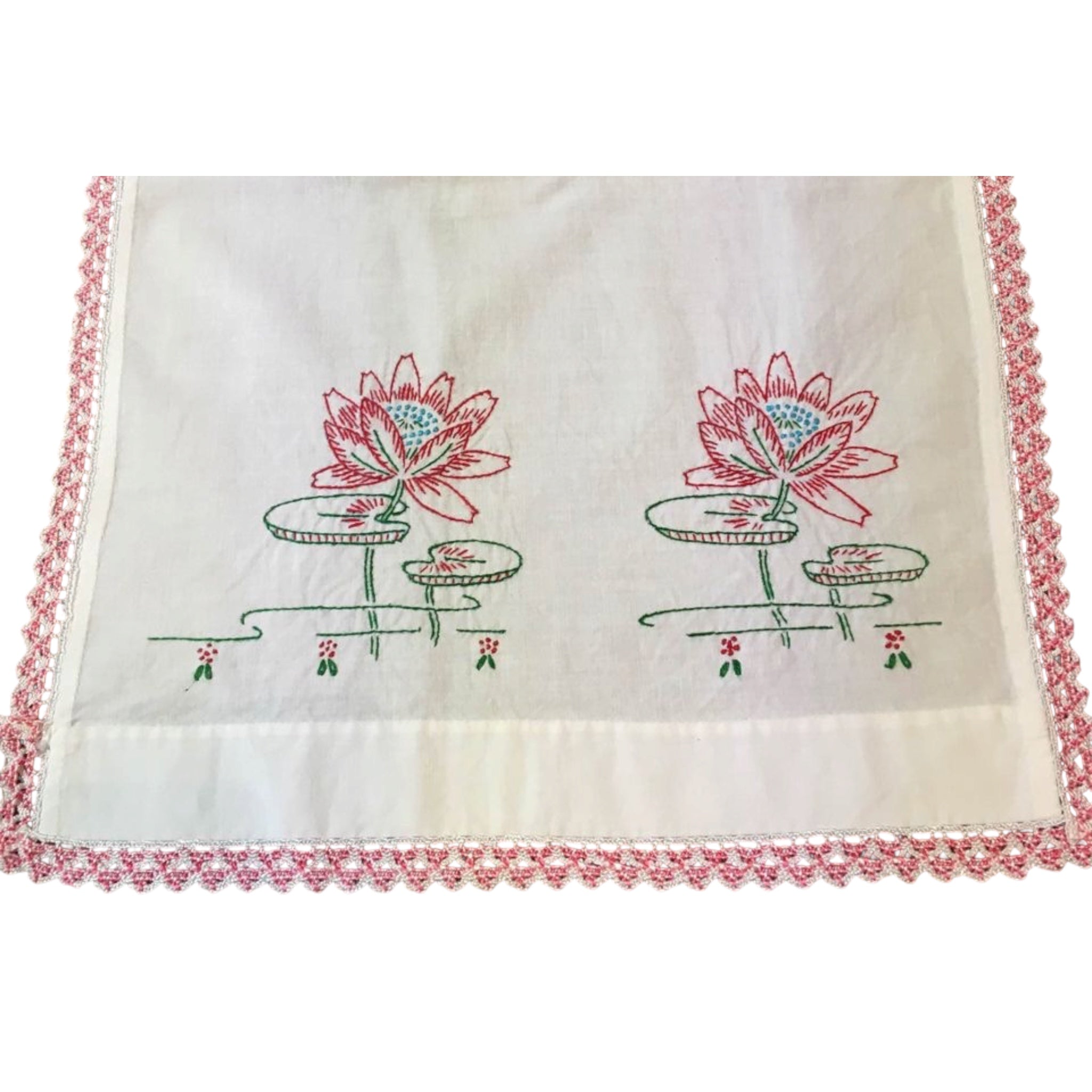 Vintage 1965 Hand Embroidered Dresser Scarf or Table Runner Lily Pads 40 x 13 - Avid Vintage