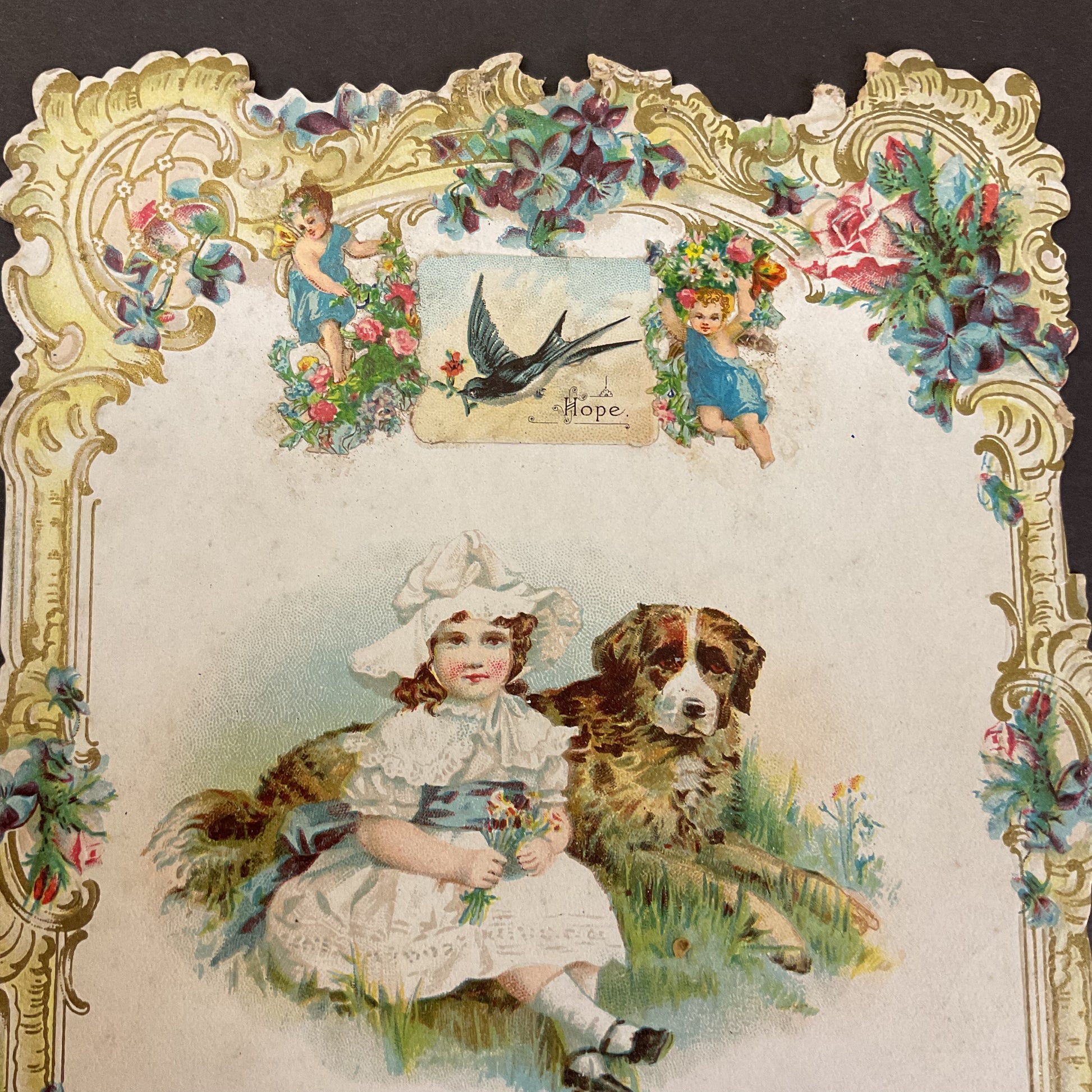 Antique 1910 Edwardian Die Cut Greeting Card Girl and Dog - Avid Vintage