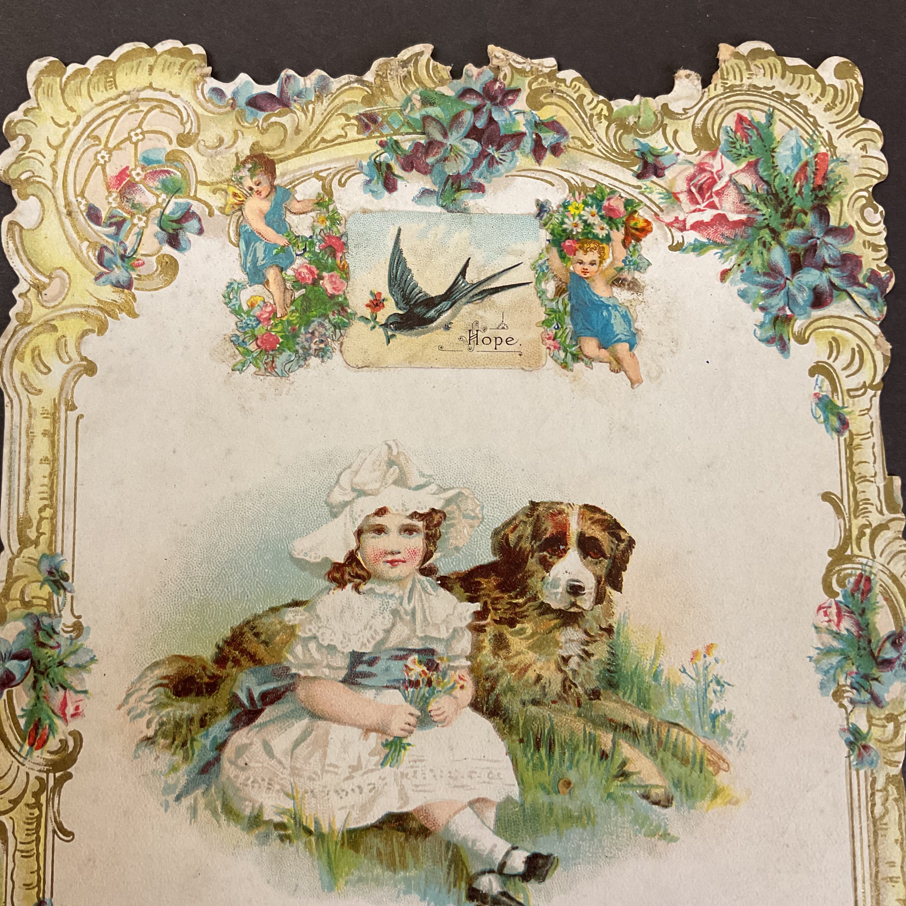 Antique 1910 Edwardian Die Cut Greeting Card Girl and Dog - Avid Vintage