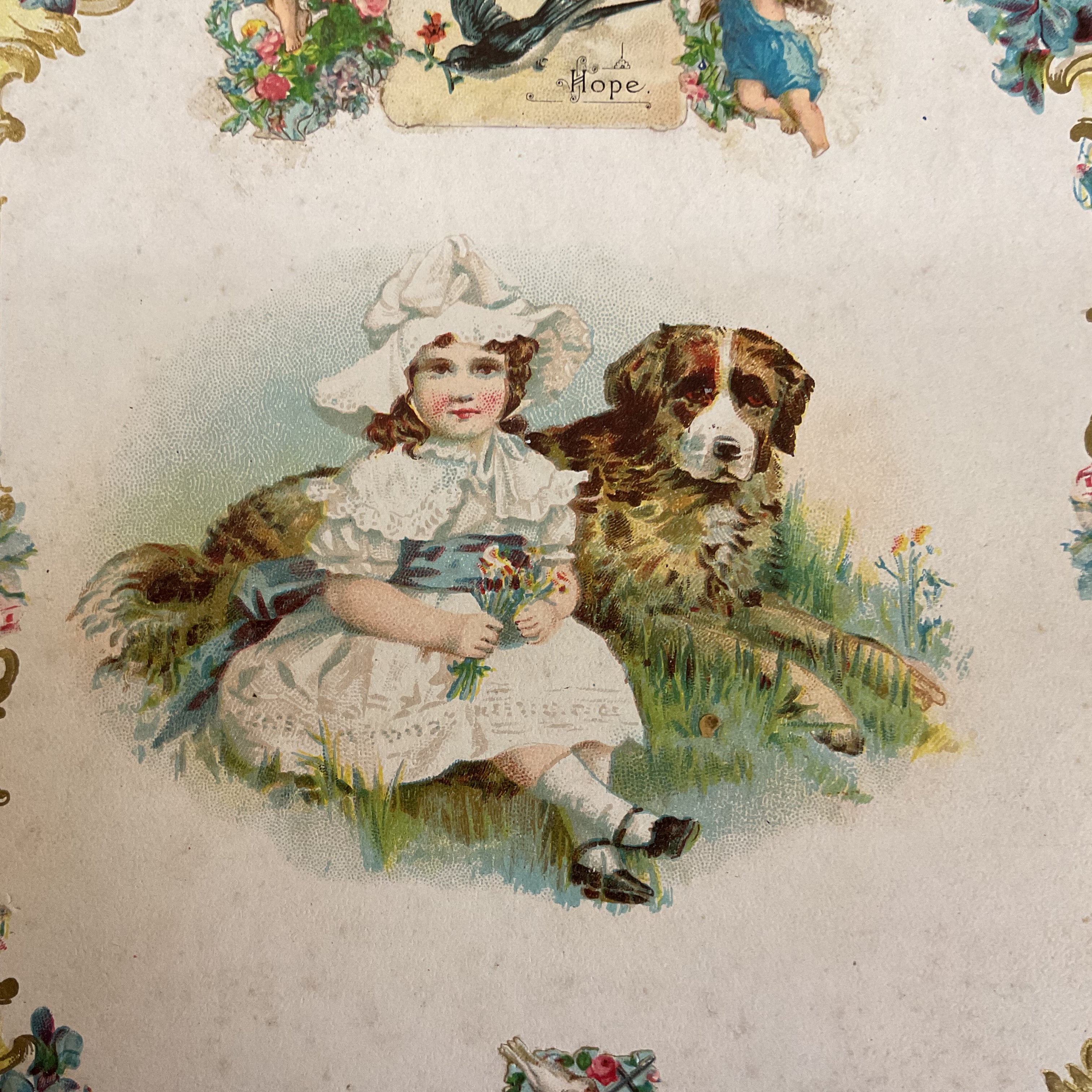 Antique 1910 Edwardian Die Cut Greeting Card Girl and Dog - Avid Vintage