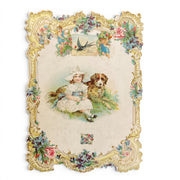 Antique 1910 Edwardian Die Cut Greeting Card Girl and Dog - Avid Vintage