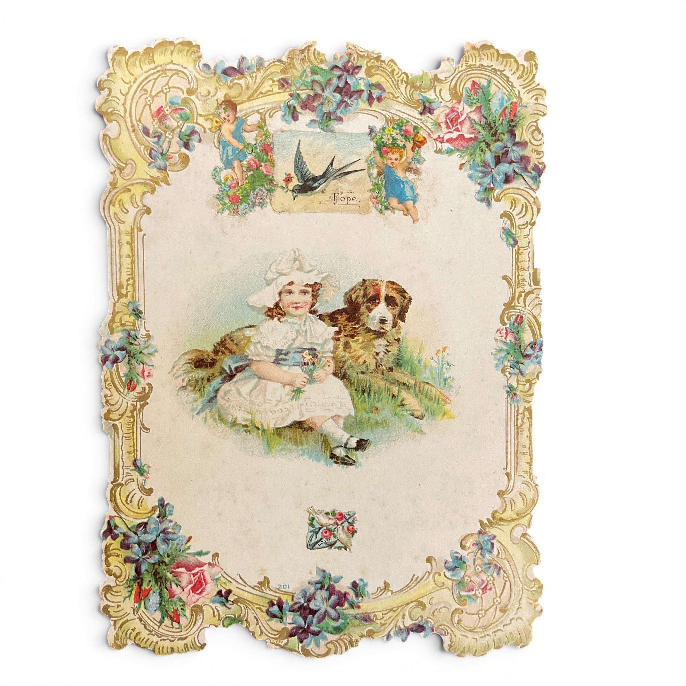 Antique 1910 Edwardian Die Cut Greeting Card Girl and Dog - Avid Vintage