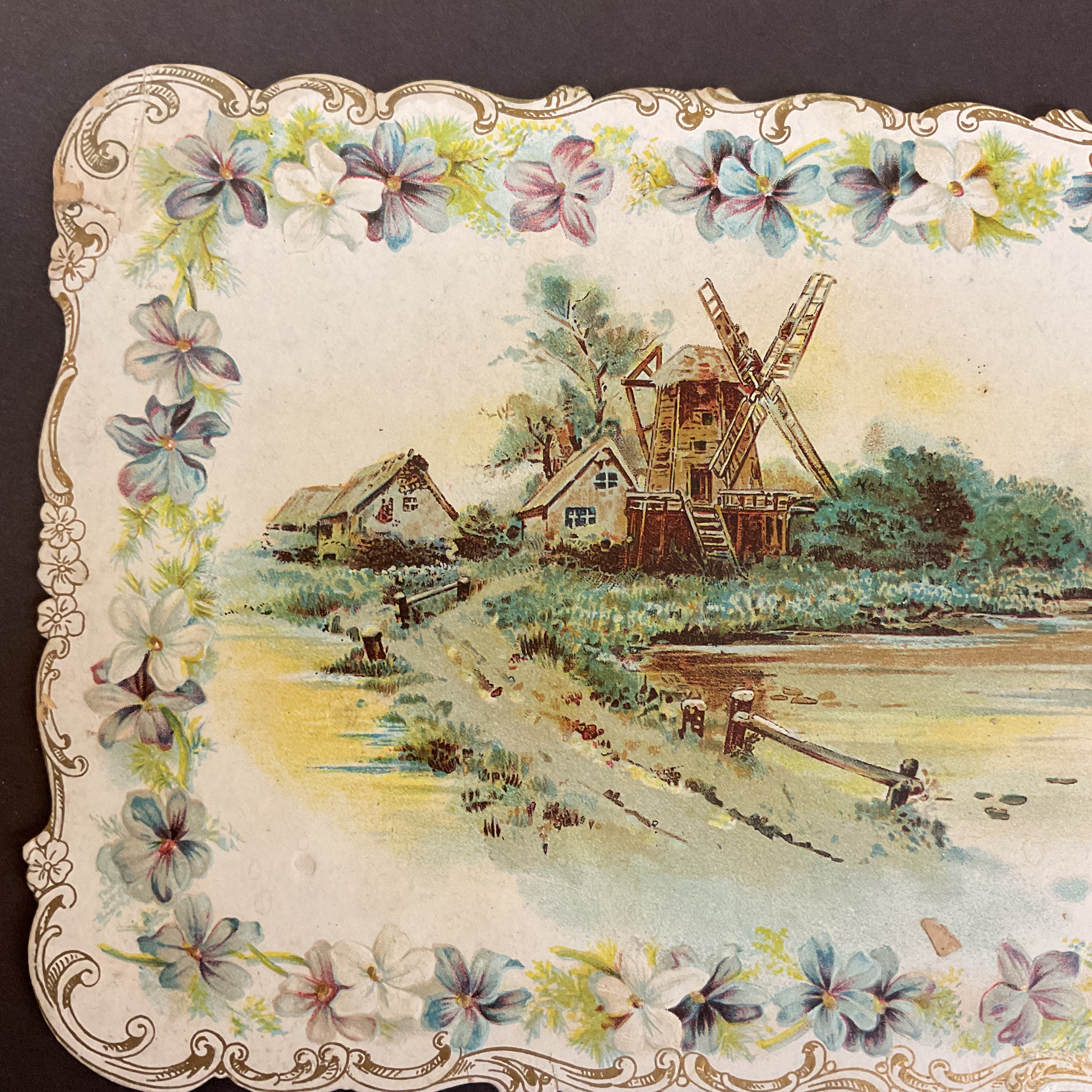 Antique 1910 Victorian Die Cut Greeting Card Windmill Water Scene - Avid Vintage
