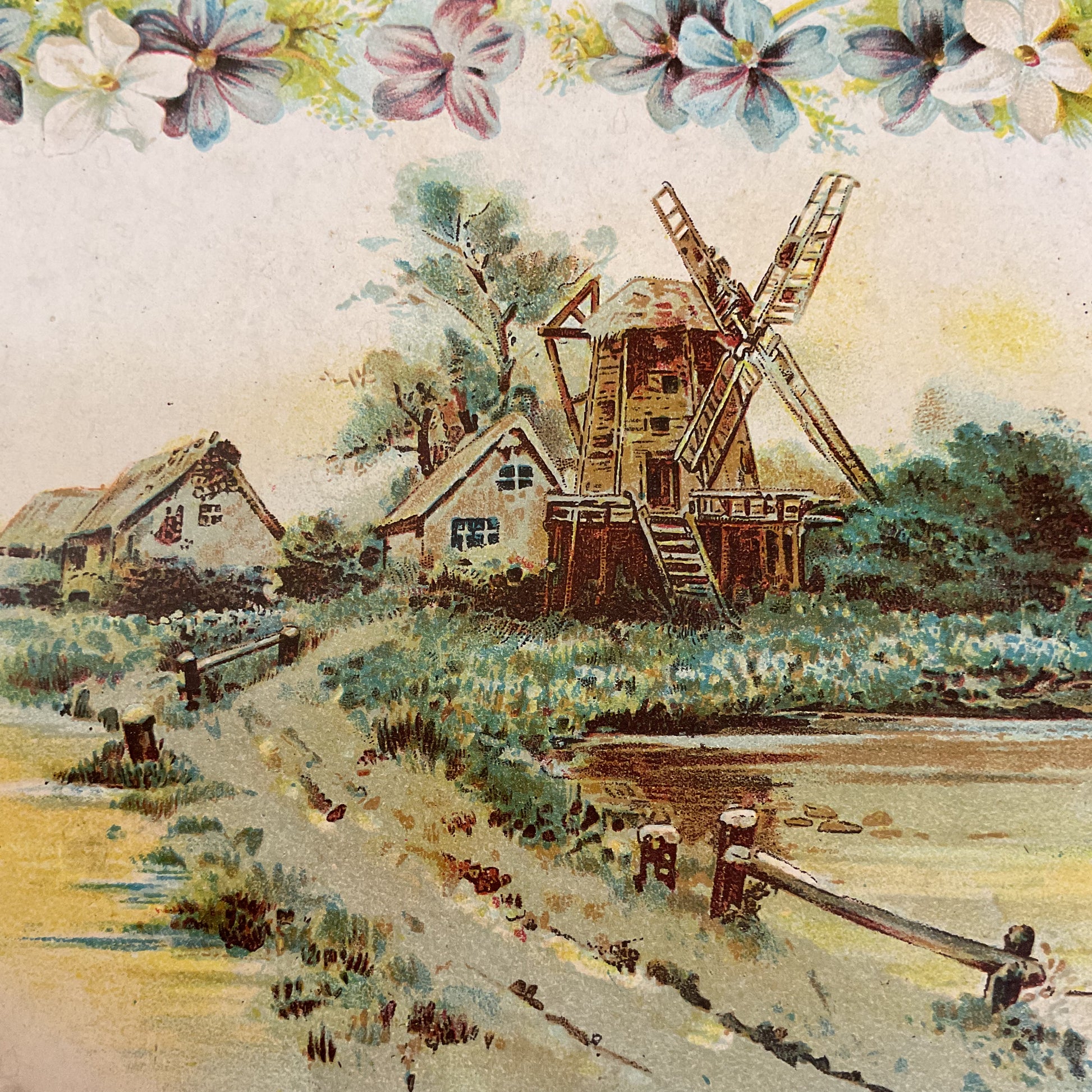 Antique 1910 Victorian Die Cut Greeting Card Windmill Water Scene - Avid Vintage