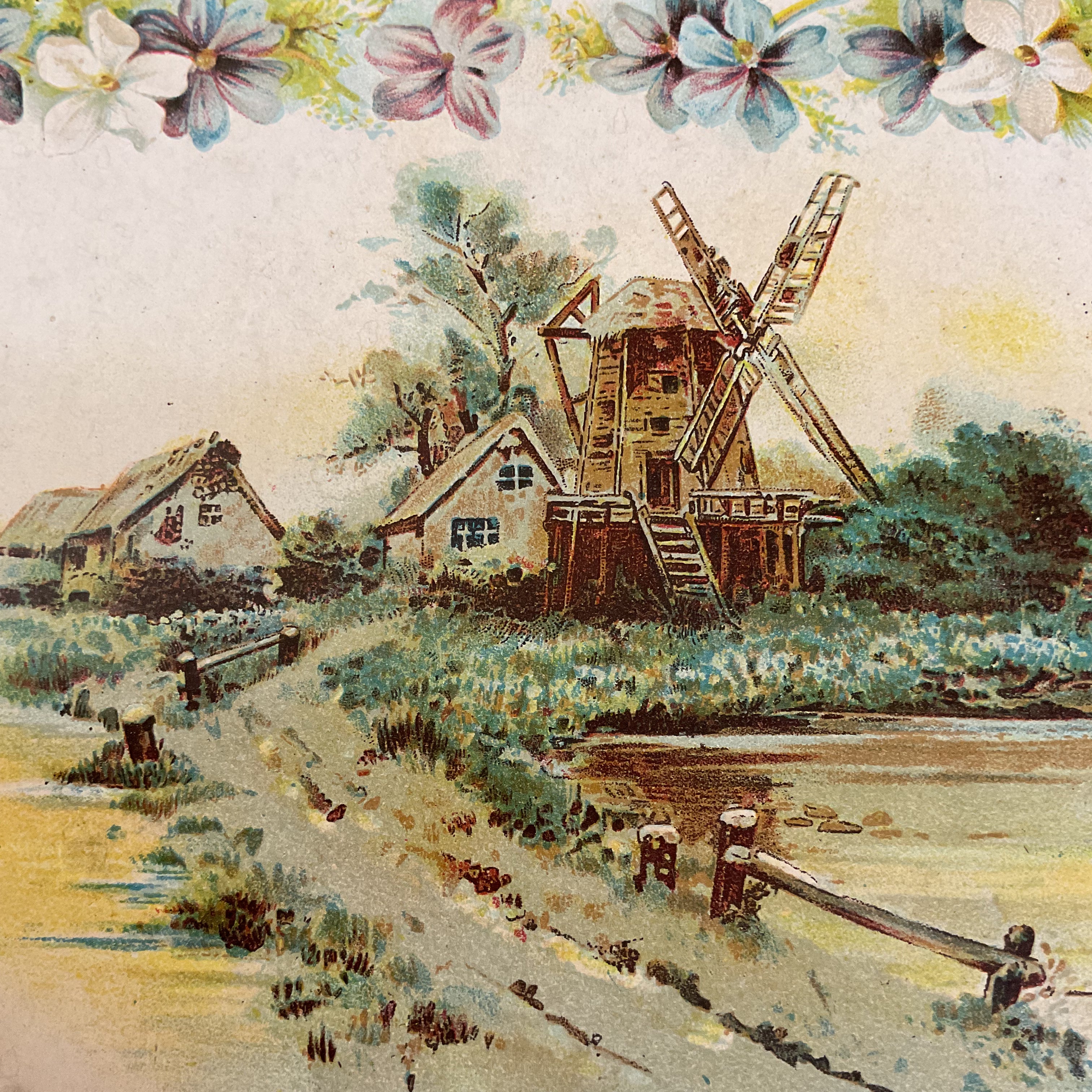 Antique 1910 Victorian Die Cut Greeting Card Windmill Water Scene - Avid Vintage