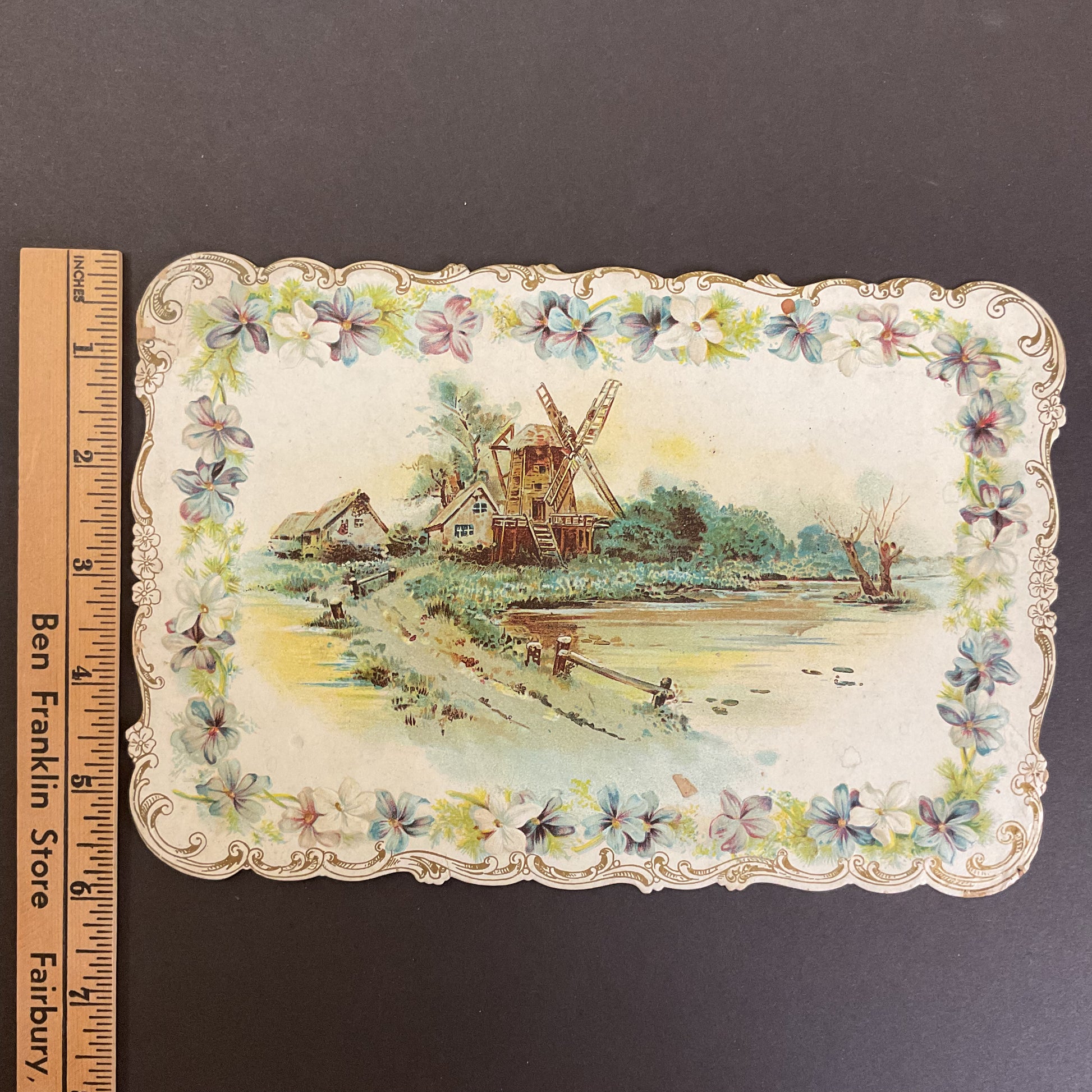 Antique 1910 Victorian Die Cut Greeting Card Windmill Water Scene - Avid Vintage