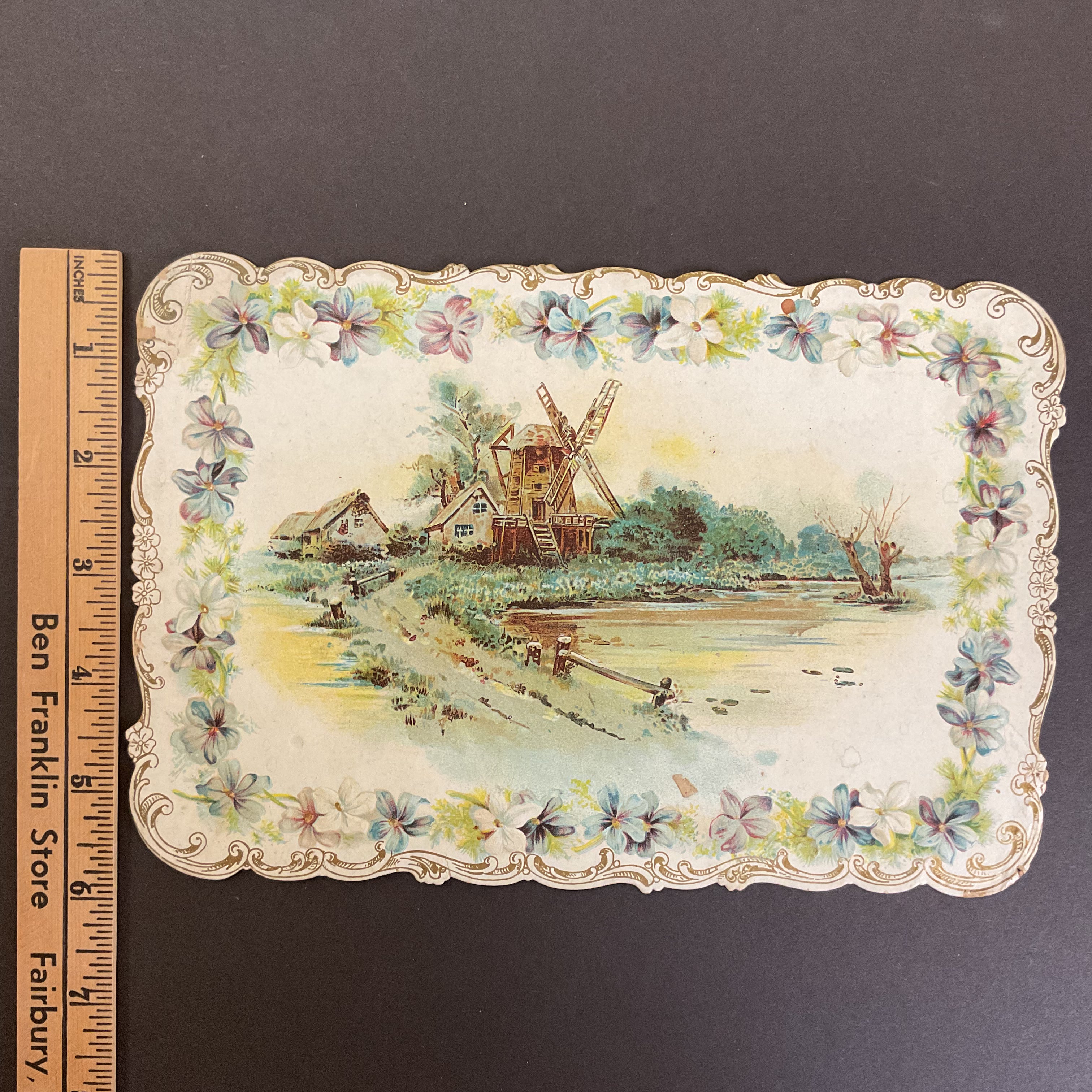 Antique 1910 Victorian Die Cut Greeting Card Windmill Water Scene - Avid Vintage