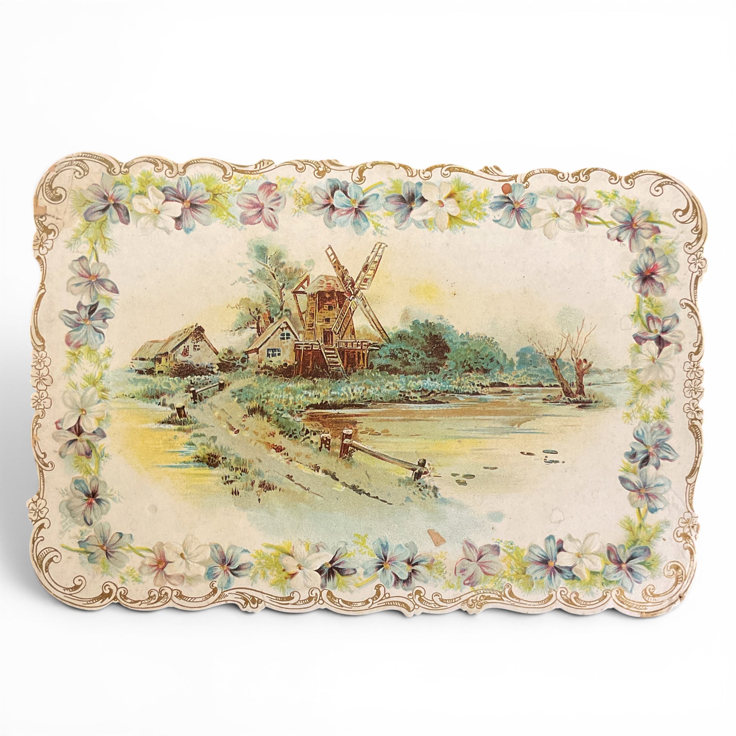 Antique 1910 Victorian Die Cut Greeting Card Windmill Water Scene - Avid Vintage