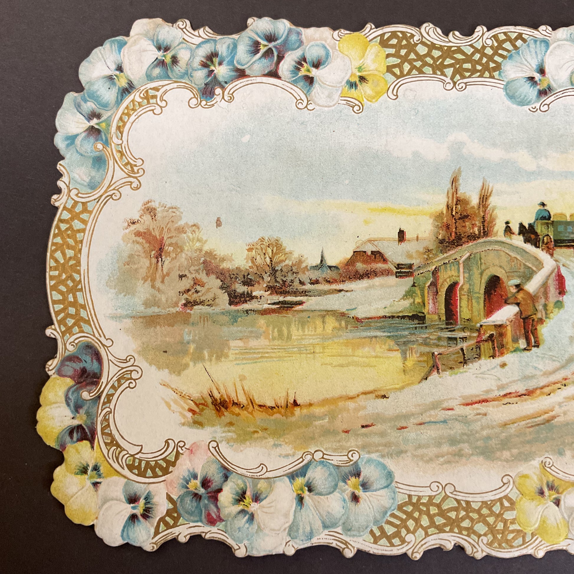 Antique 1909 Victorian Die Cut Greeting Card Bridge Snow Scene - Avid Vintage
