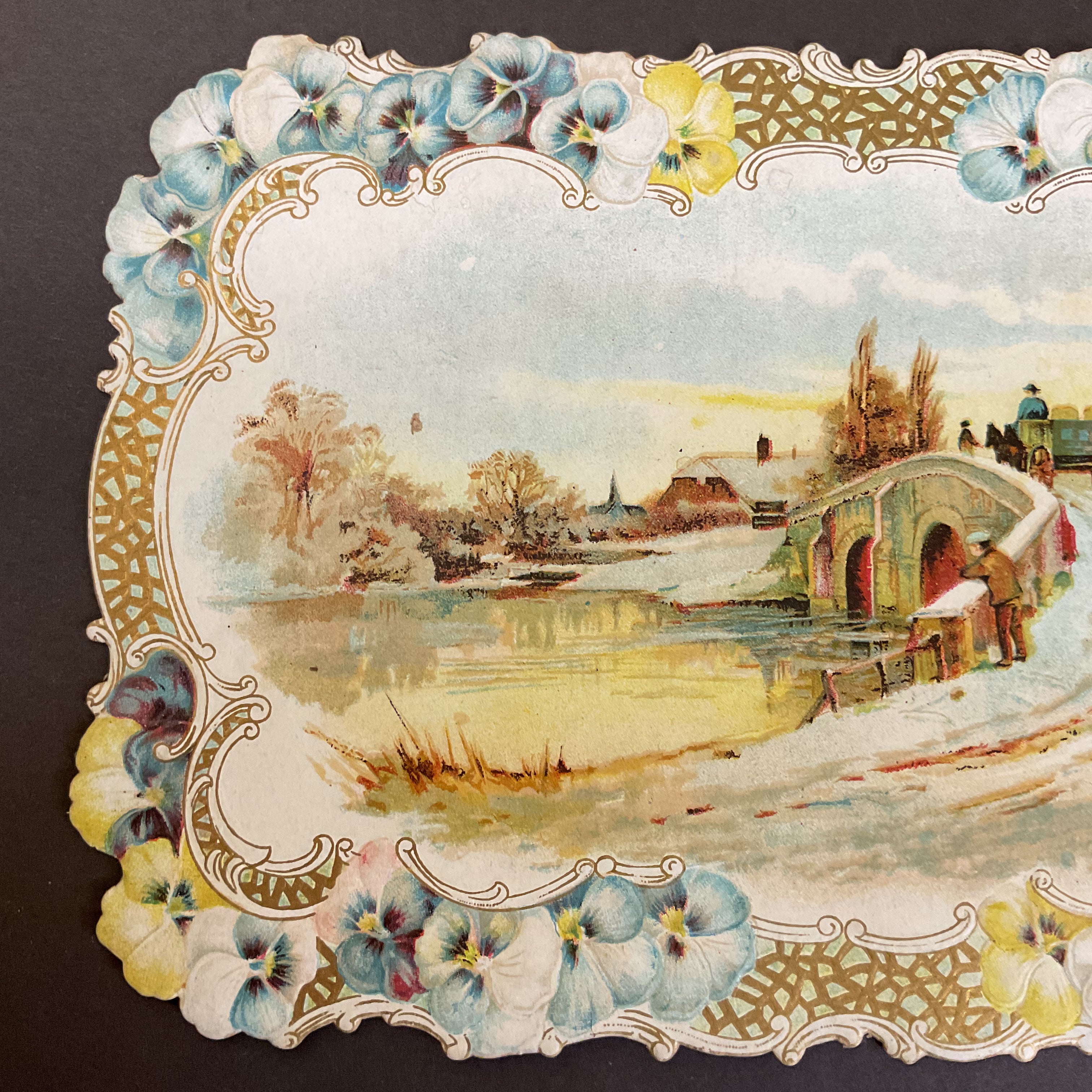 Antique 1909 Victorian Die Cut Greeting Card Bridge Snow Scene - Avid Vintage
