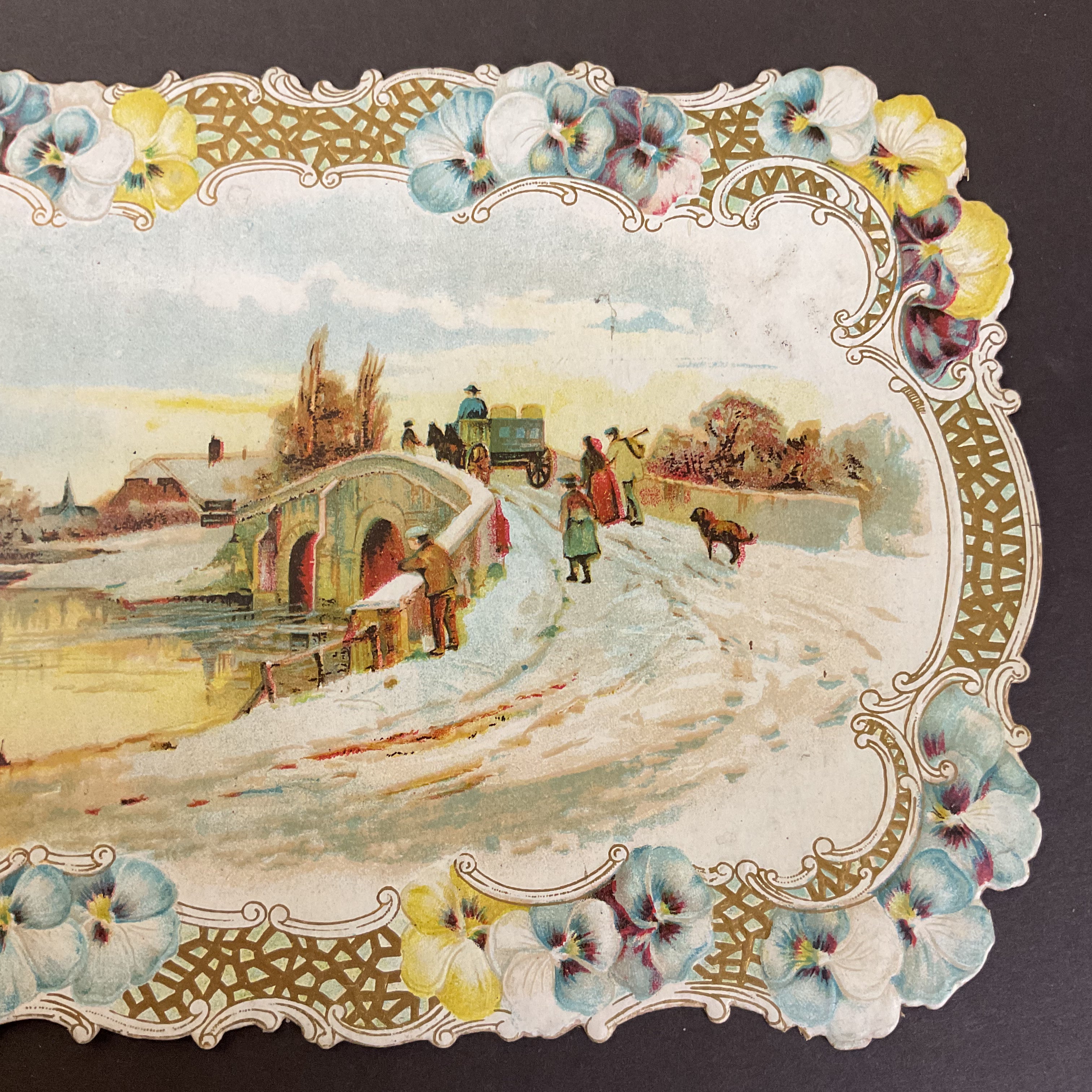Antique 1909 Victorian Die Cut Greeting Card Bridge Snow Scene - Avid Vintage