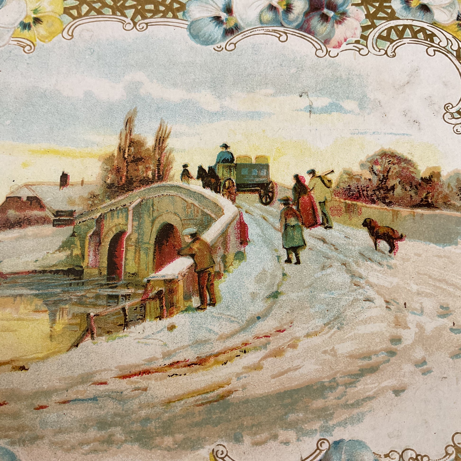 Antique 1909 Victorian Die Cut Greeting Card Bridge Snow Scene - Avid Vintage