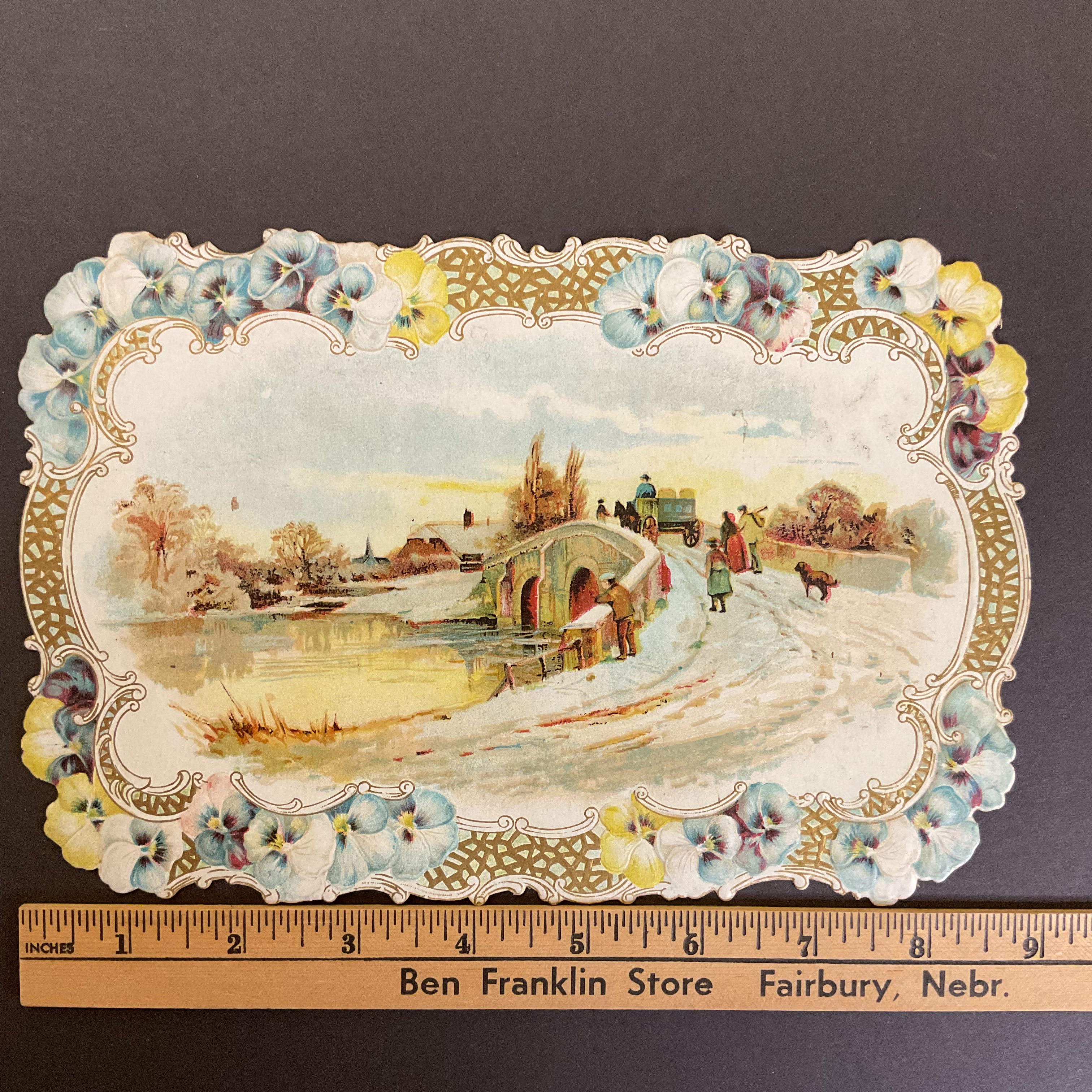 Antique 1909 Victorian Die Cut Greeting Card Bridge Snow Scene - Avid Vintage