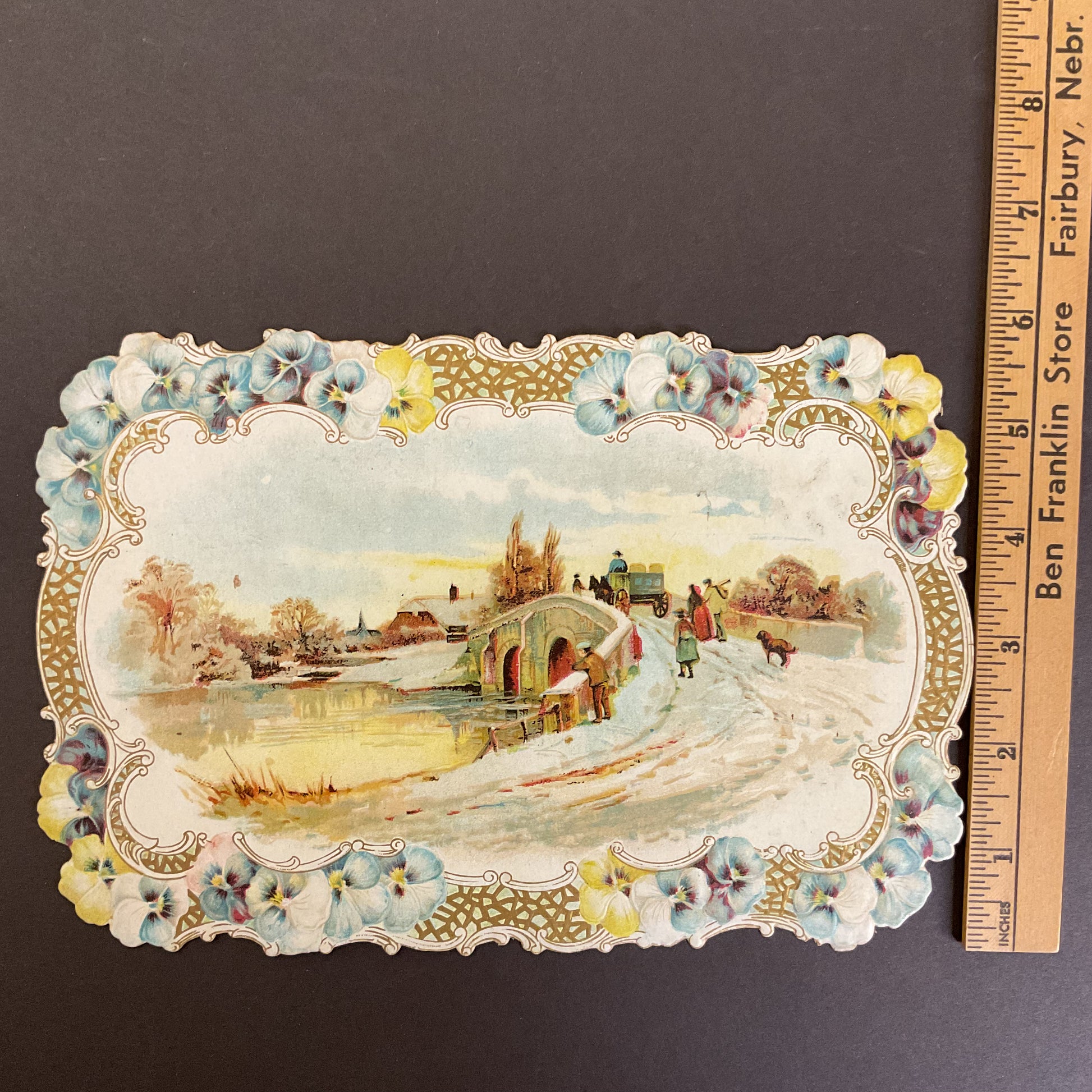 Antique 1909 Victorian Die Cut Greeting Card Bridge Snow Scene - Avid Vintage
