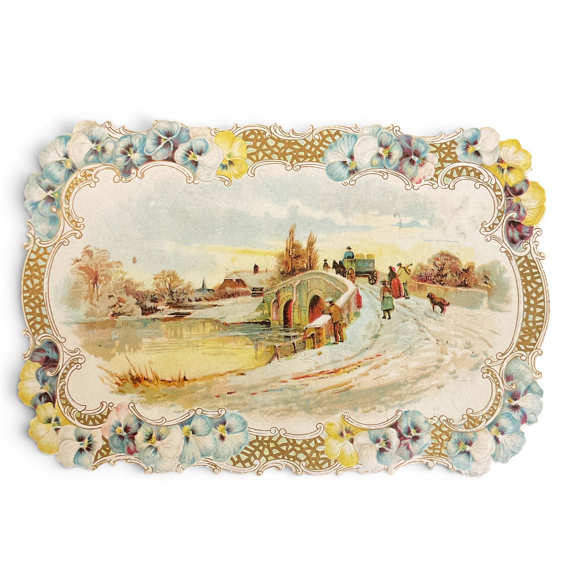 Antique 1909 Victorian Die Cut Greeting Card Bridge Snow Scene - Avid Vintage
