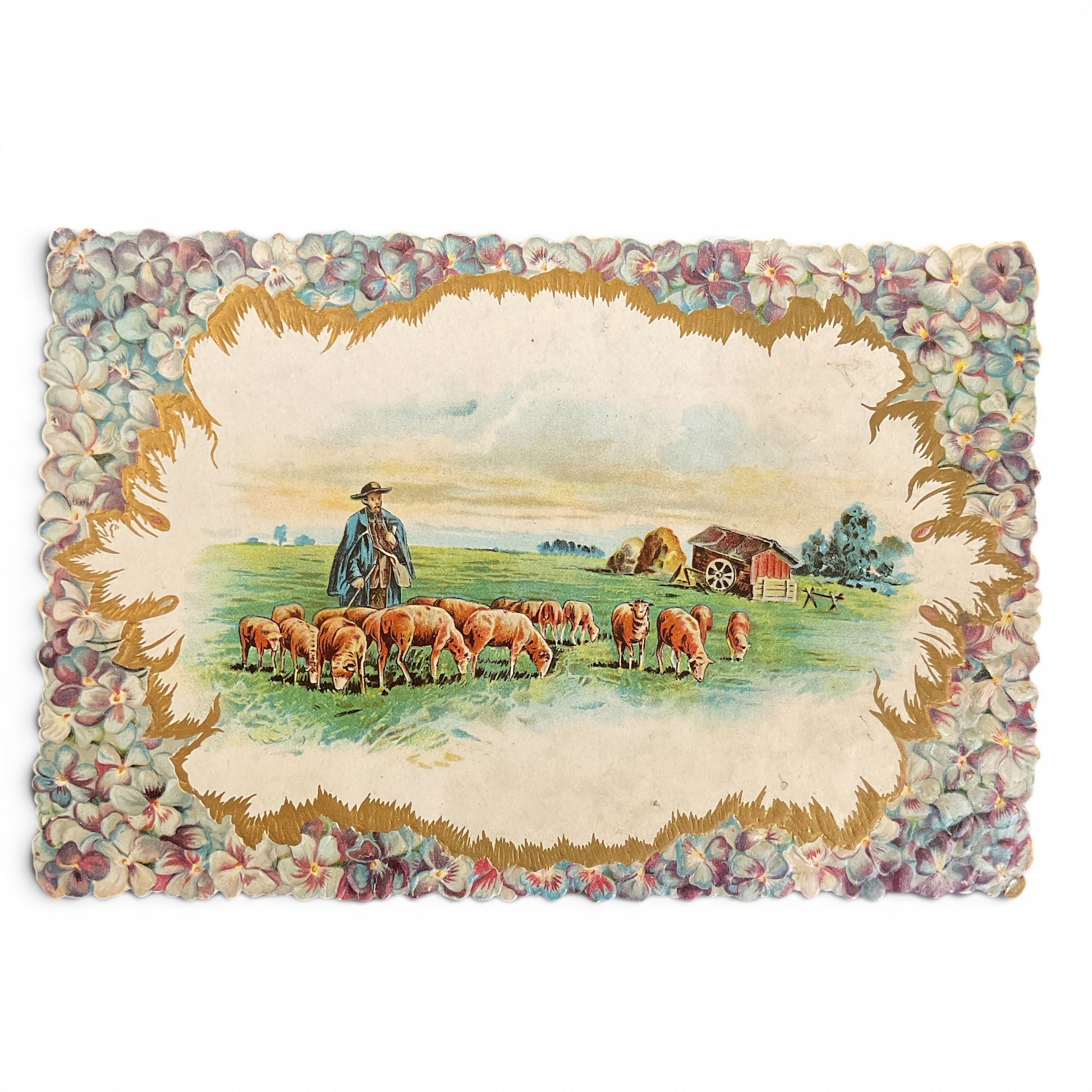 Antique 1910 Victorian Die Cut Greeting Card Bridge Sheep Herder - Avid Vintage