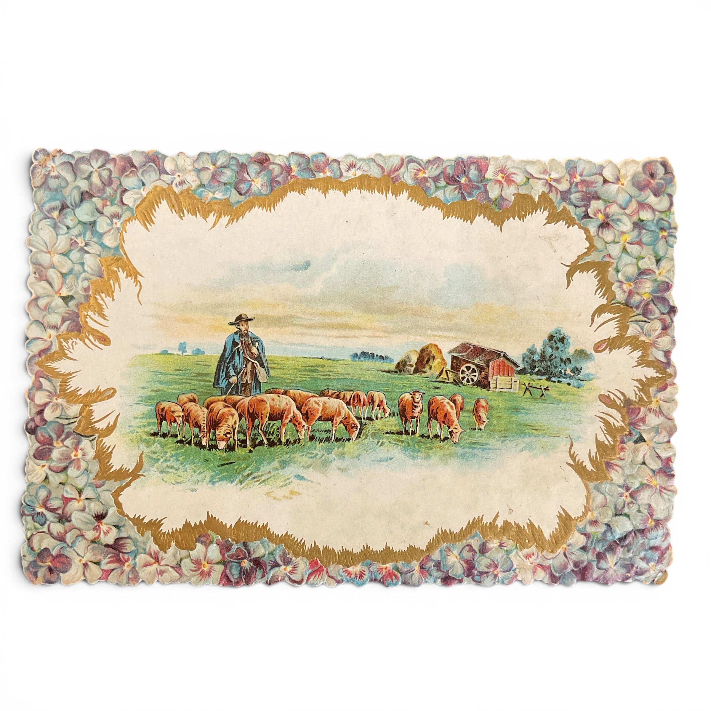 Antique 1910 Victorian Die Cut Greeting Card Bridge Sheep Herder - Avid Vintage