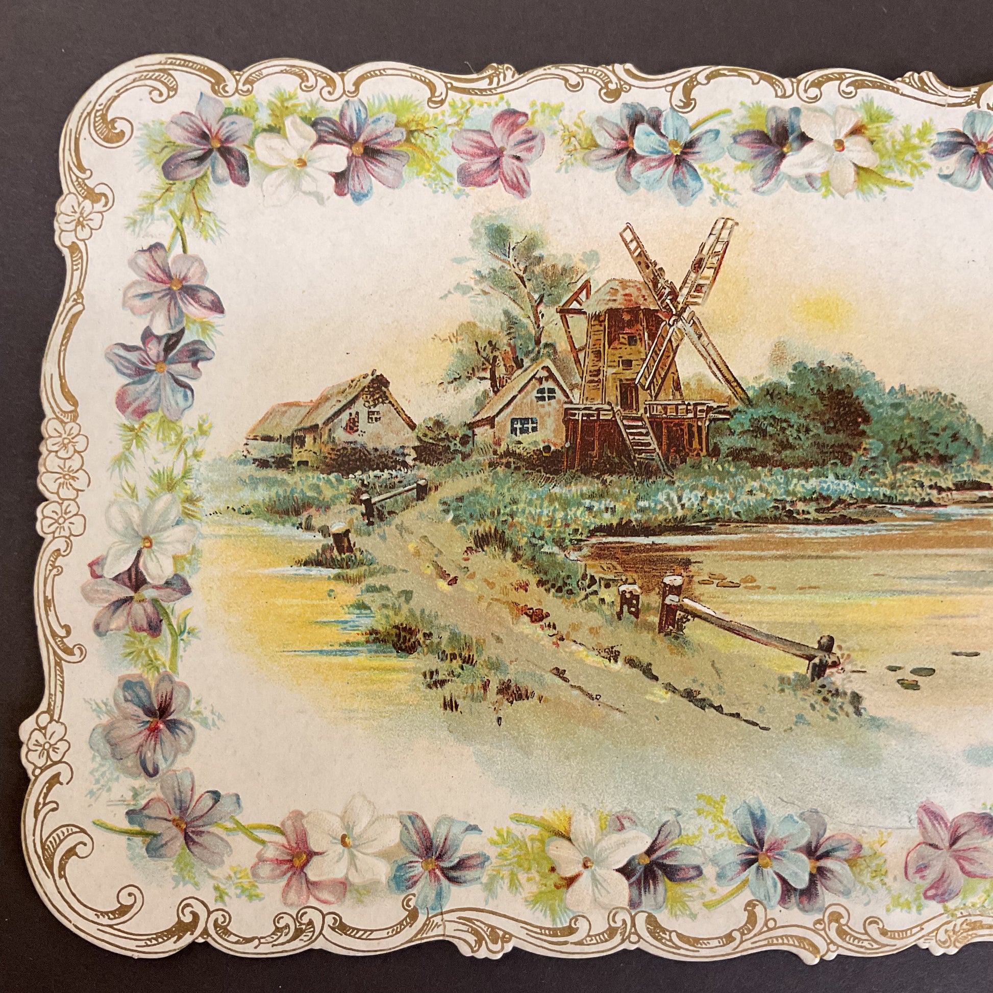Antique 1909 Edwardian Greeting Card Die Cut Greeting Houses Windmill - Avid Vintage