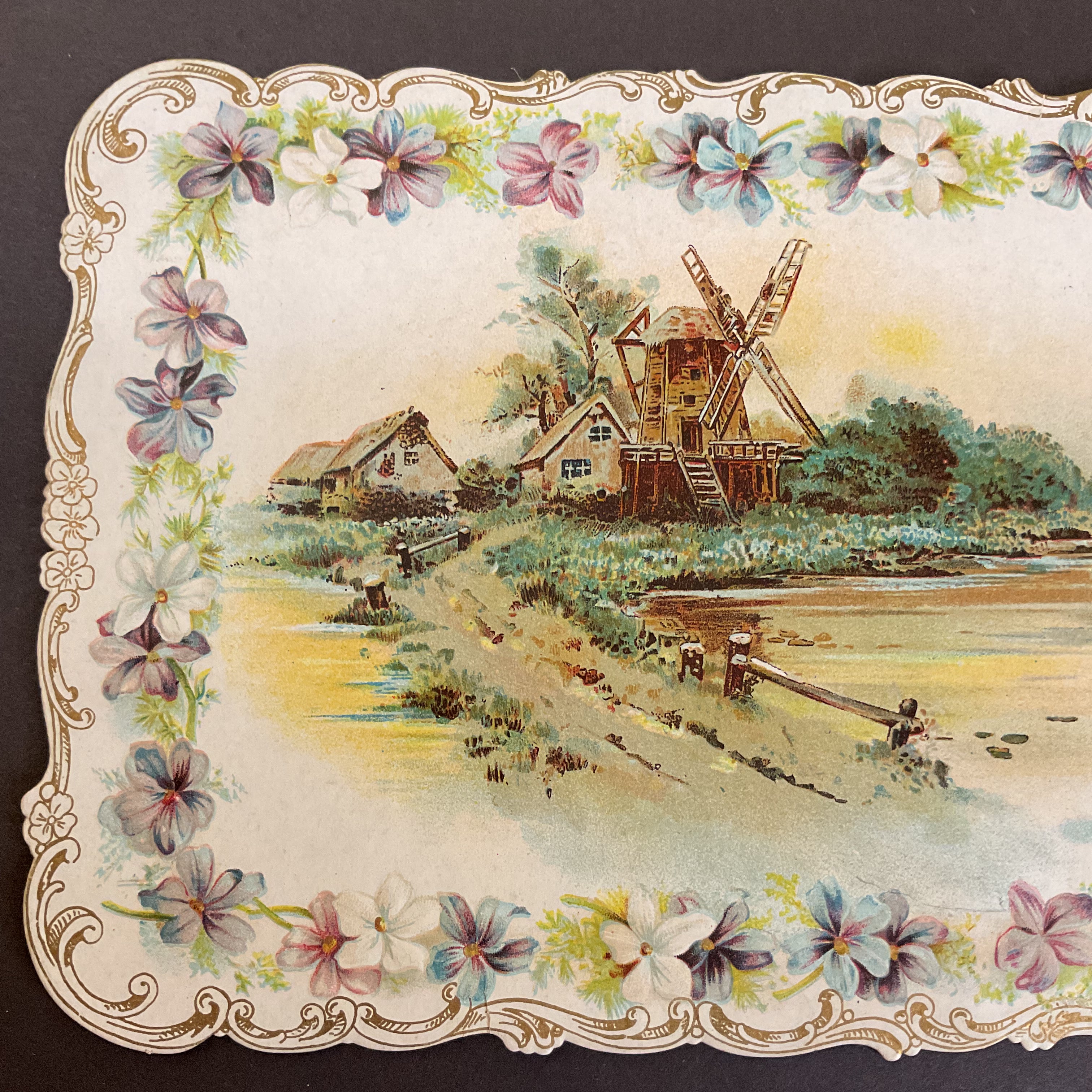Antique 1909 Edwardian Greeting Card Die Cut Greeting Houses Windmill - Avid Vintage