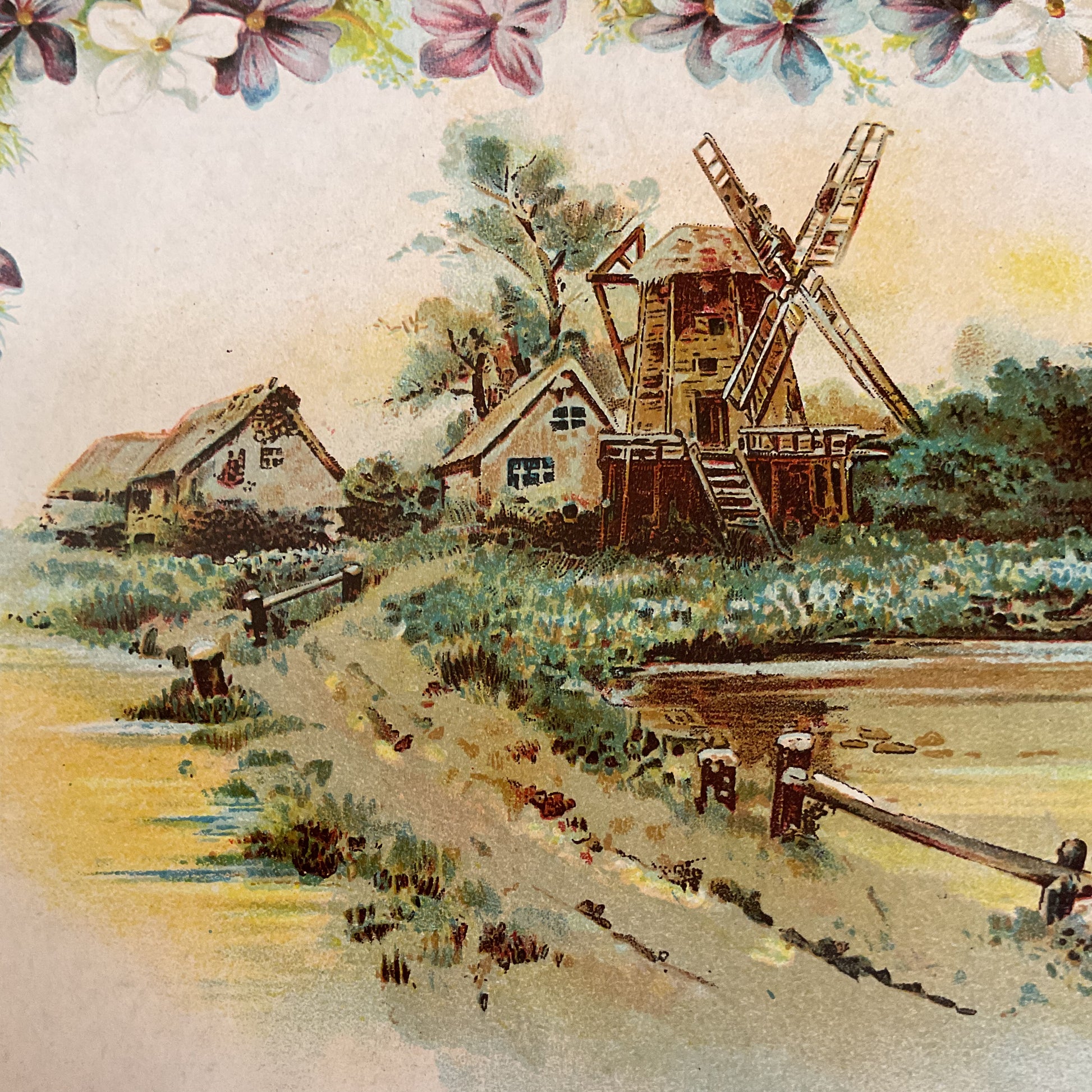 Antique 1909 Edwardian Greeting Card Die Cut Greeting Houses Windmill - Avid Vintage