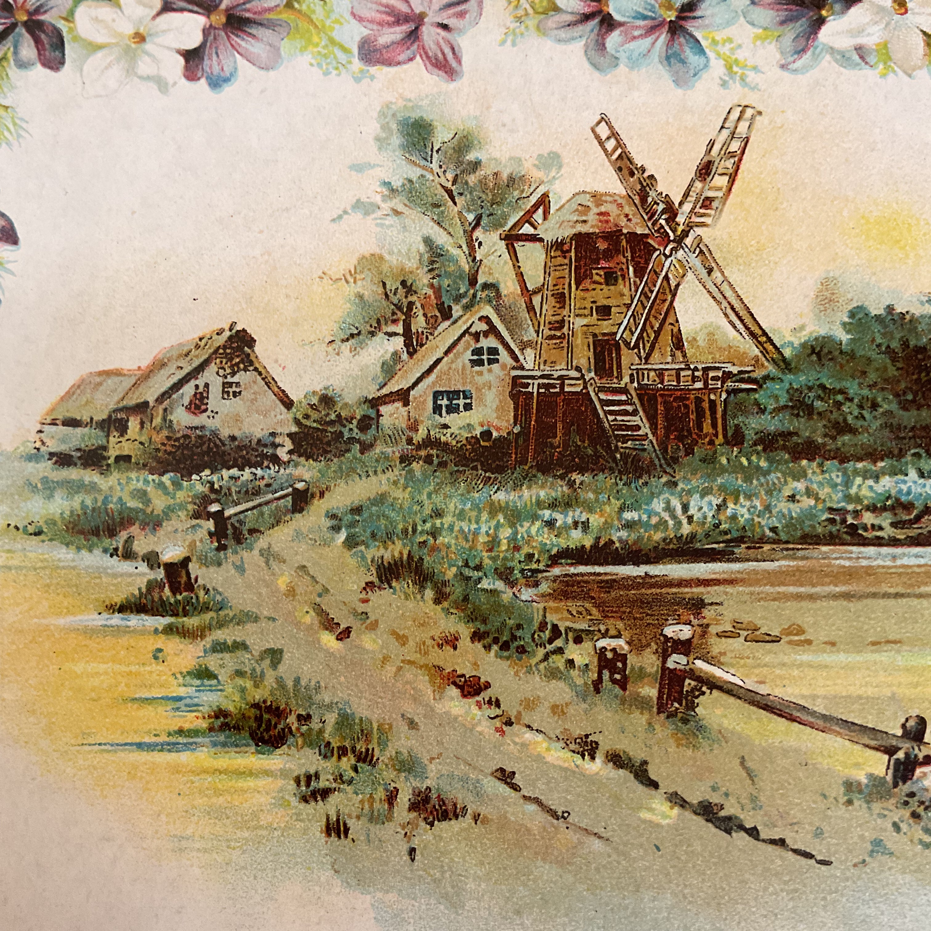 Antique 1909 Edwardian Greeting Card Die Cut Greeting Houses Windmill - Avid Vintage