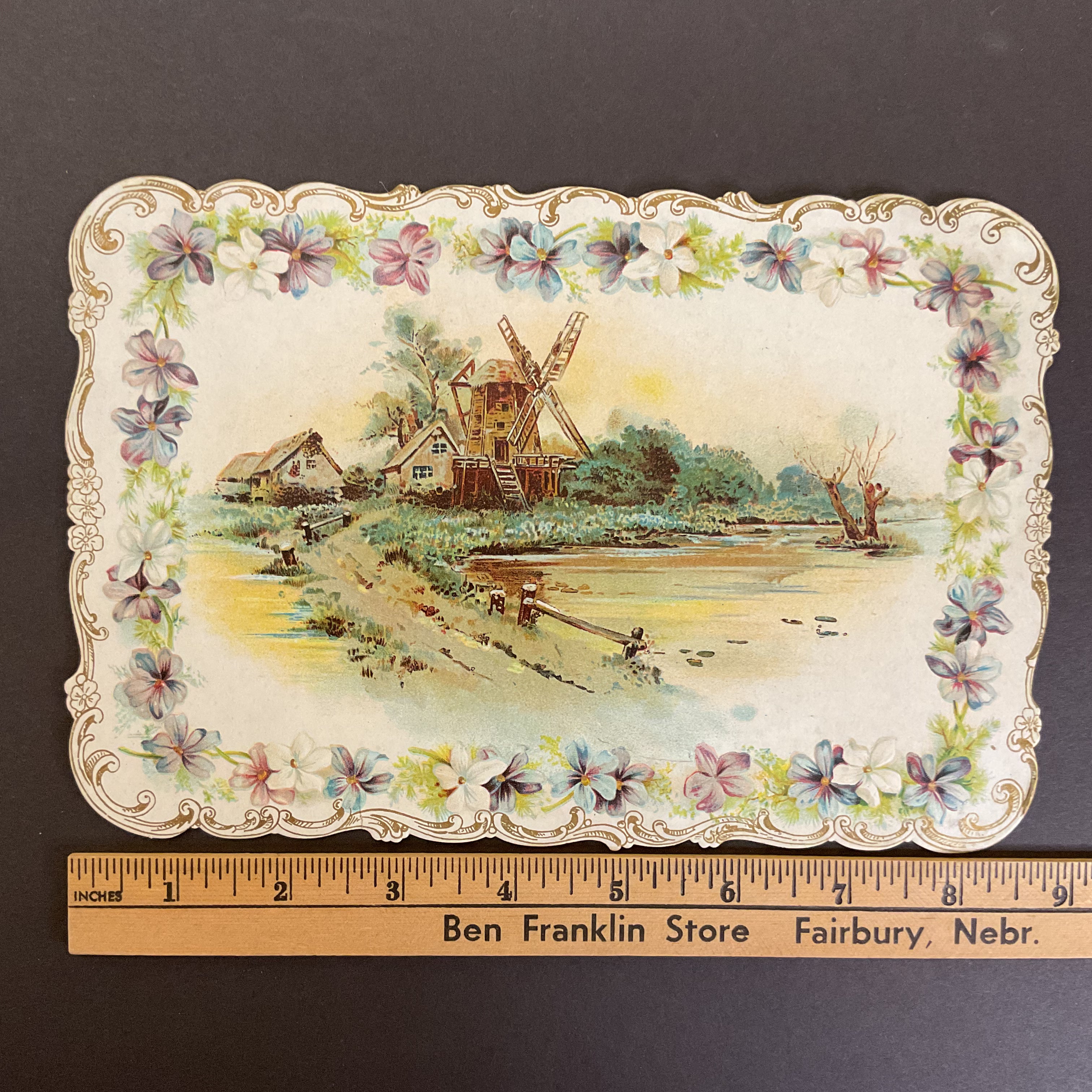 Antique 1909 Edwardian Greeting Card Die Cut Greeting Houses Windmill - Avid Vintage