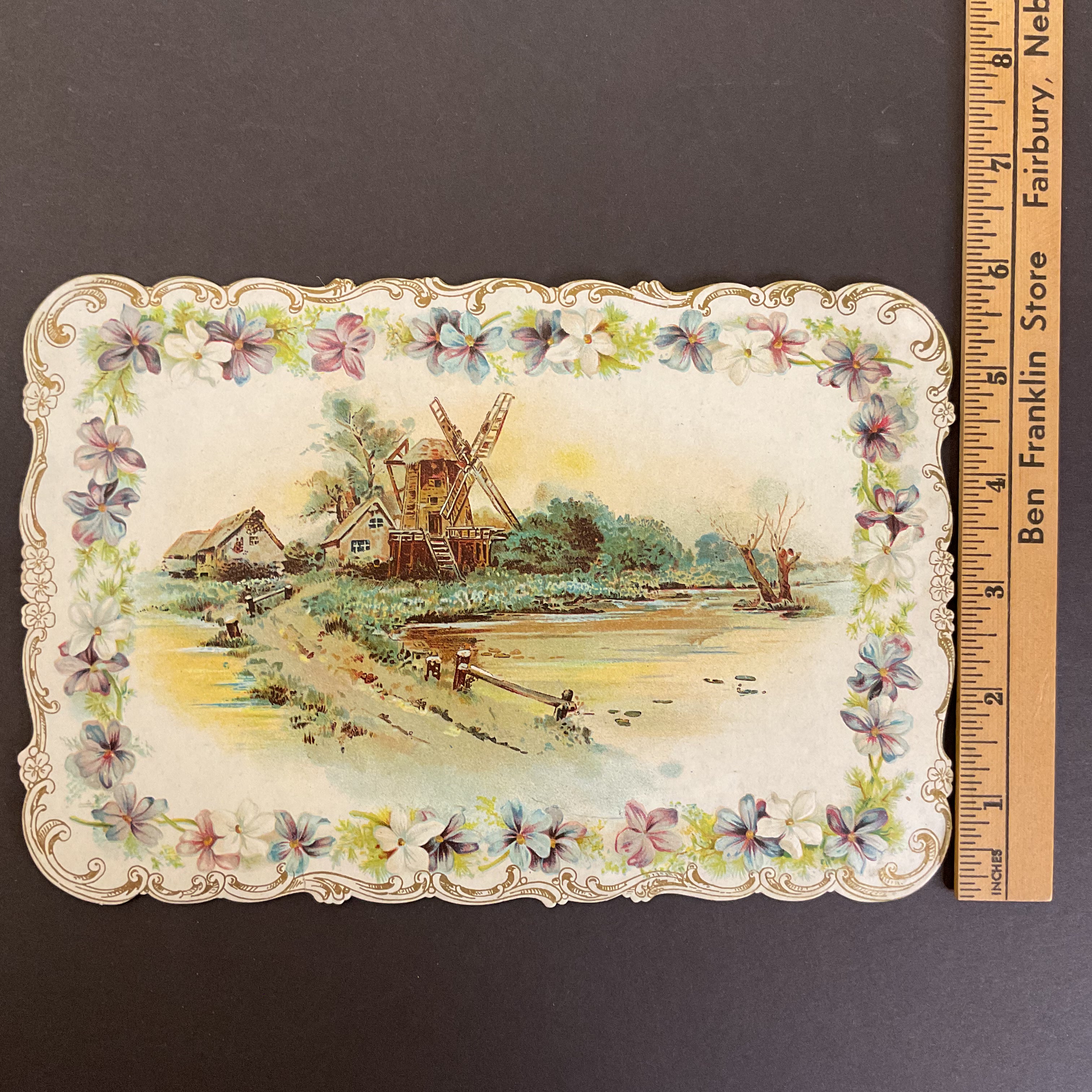 Antique 1909 Edwardian Greeting Card Die Cut Greeting Houses Windmill - Avid Vintage