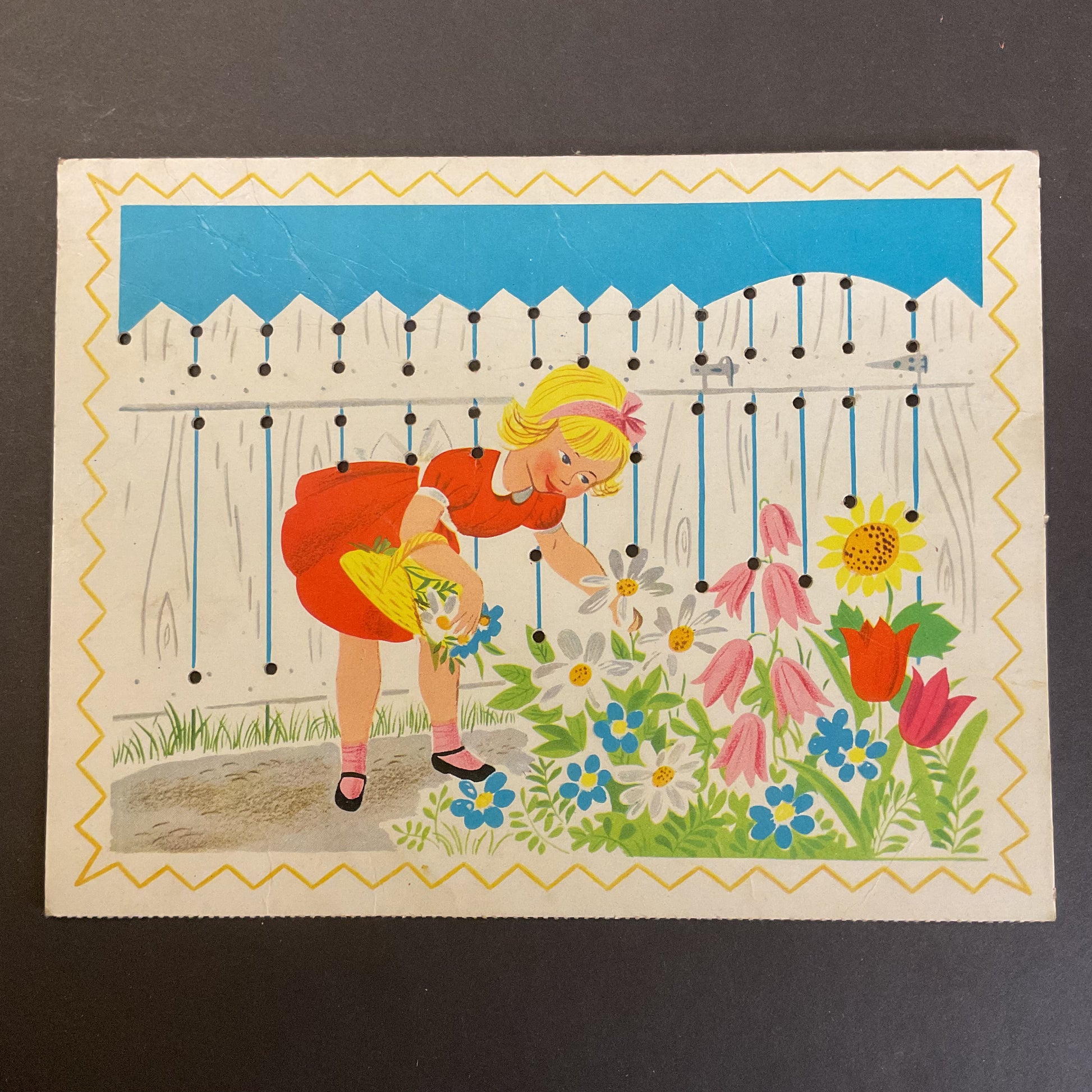 Vintage Children’s Sewing Card Little Girl Picking Flowers - Avid Vintage