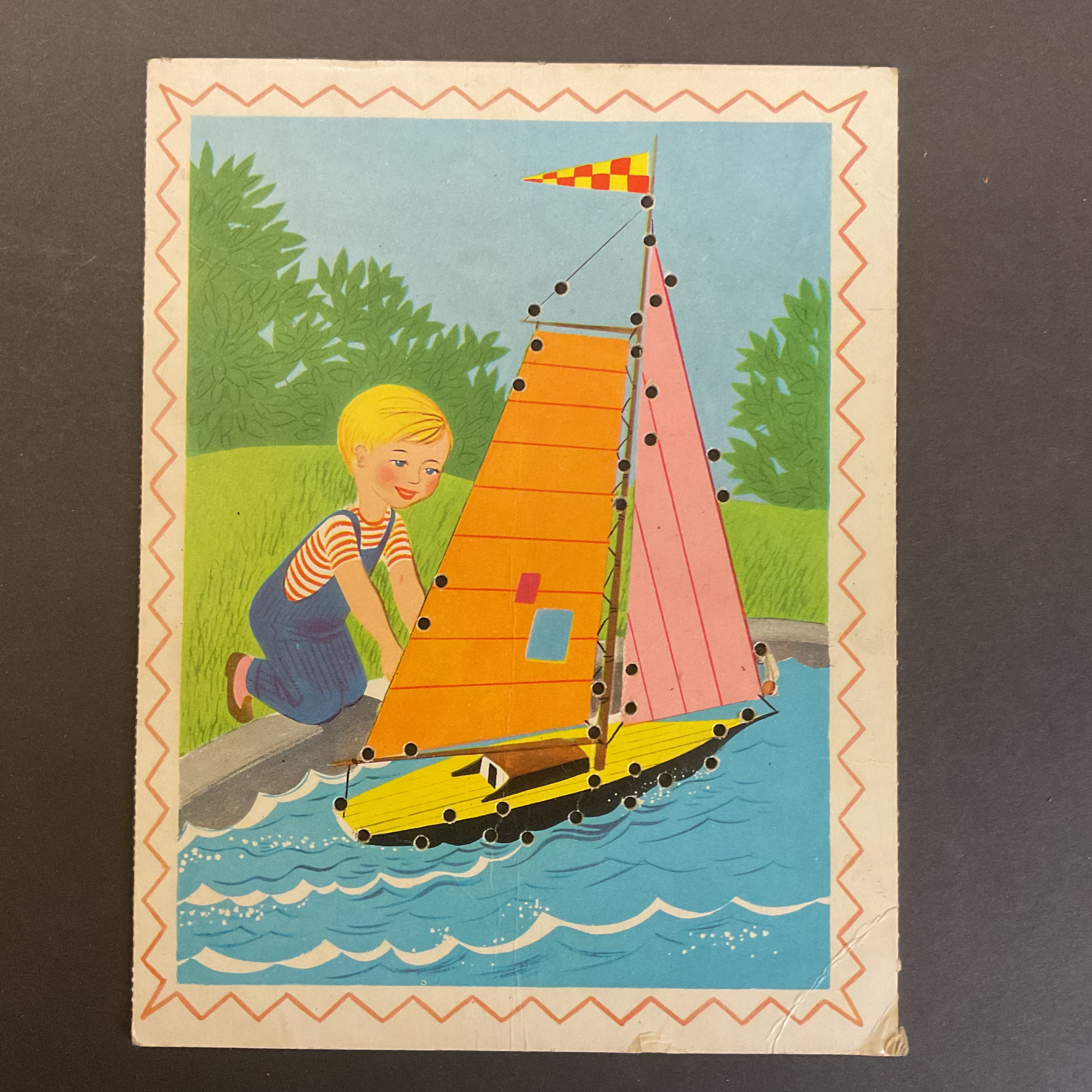 Vintage Children’s Sewing Card Little Boy with Sailing Boat - Avid Vintage