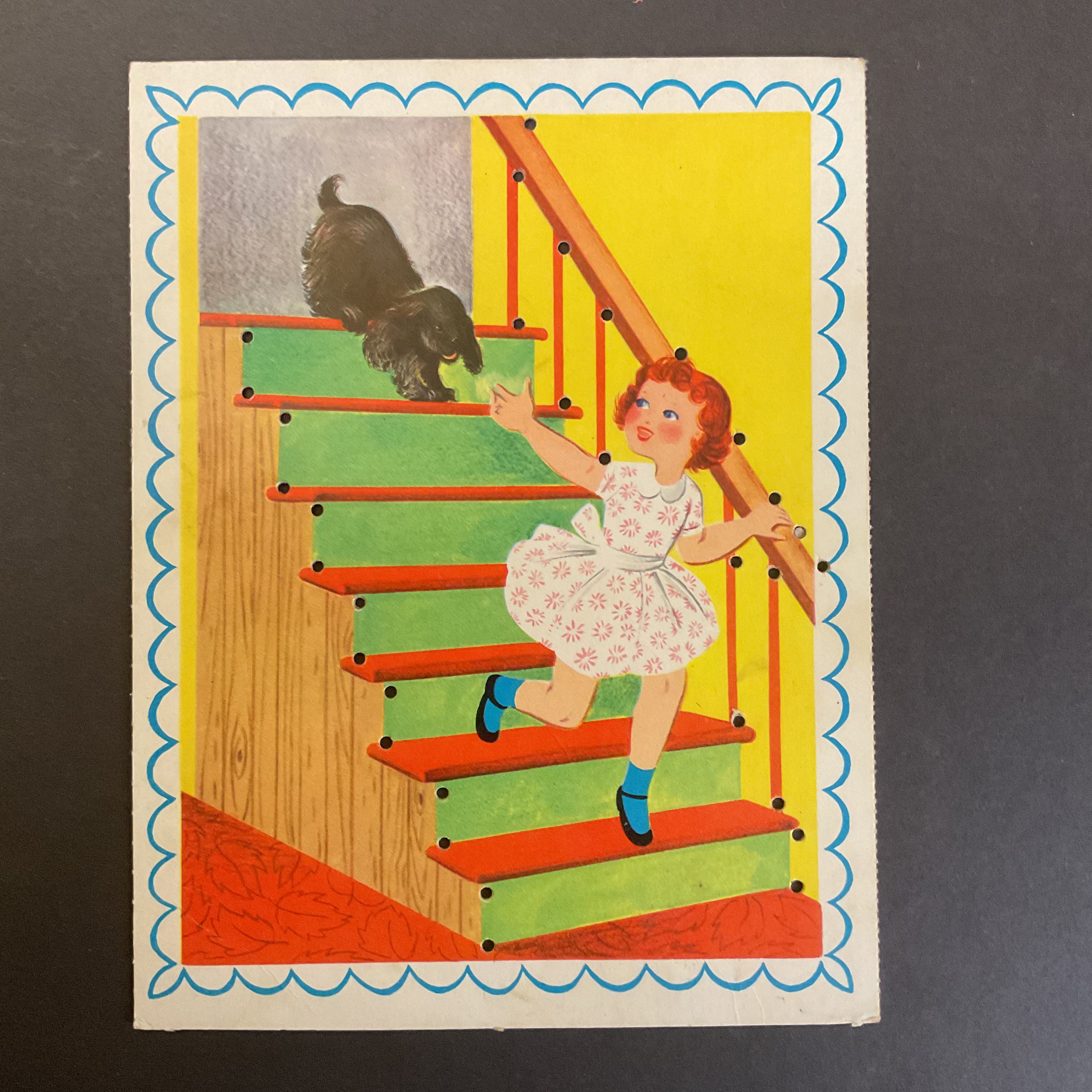 Vintage Children’s Sewing Card Little Girl with Black Dog - Avid Vintage