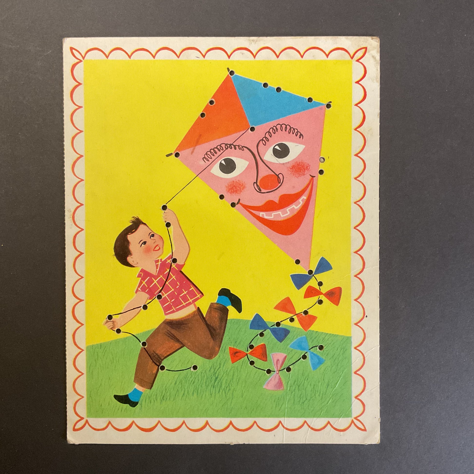 Vintage Children’s Sewing Card Little Boy Flying Kite - Avid Vintage