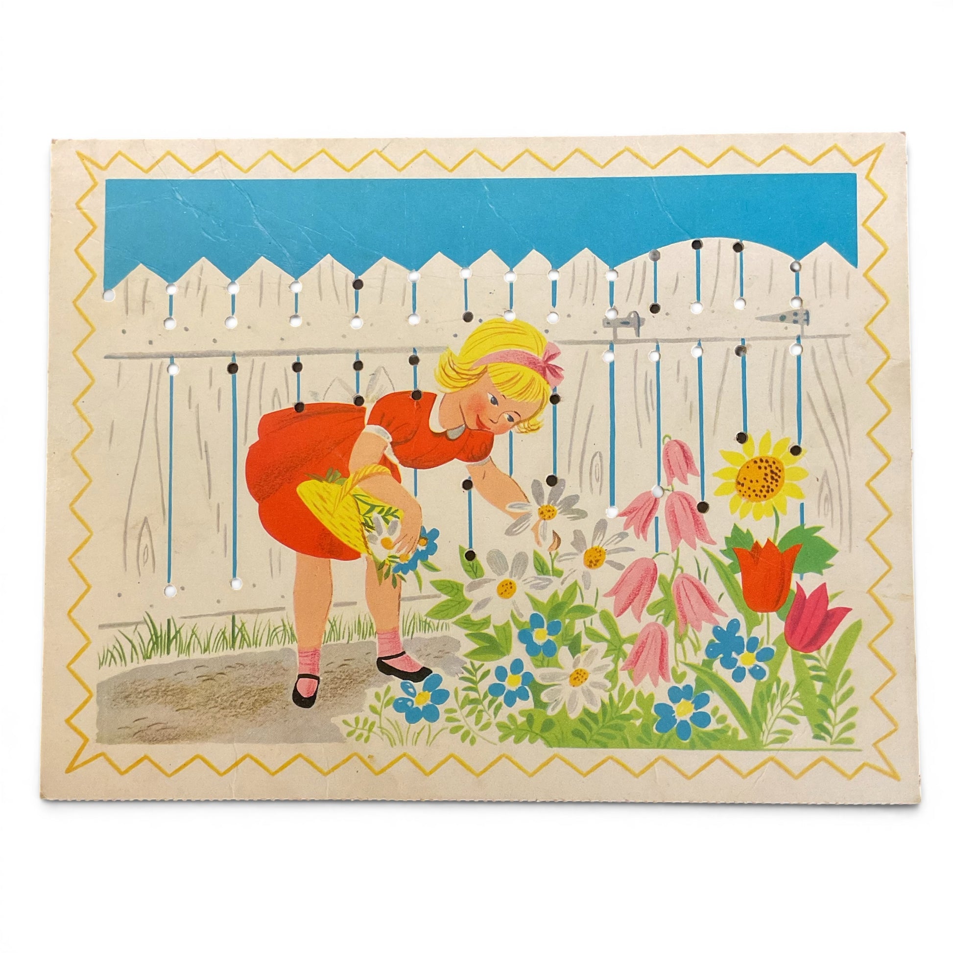 Vintage Children’s Sewing Card Little Girl Picking Flowers - Avid Vintage