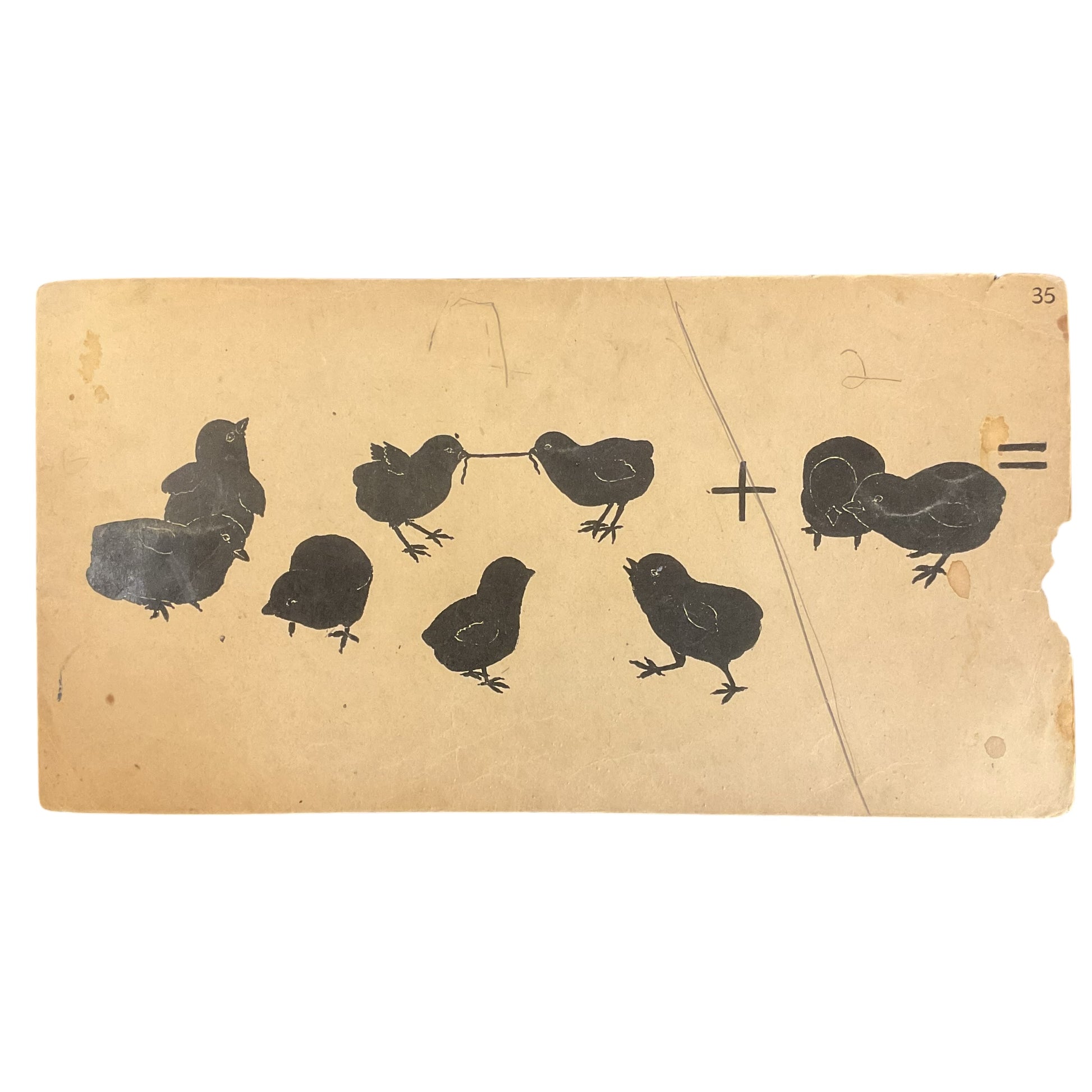 Large Vintage Animal Addition Flash Card Silhouette Baby Chicks 1910s Classroom - Avid Vintage