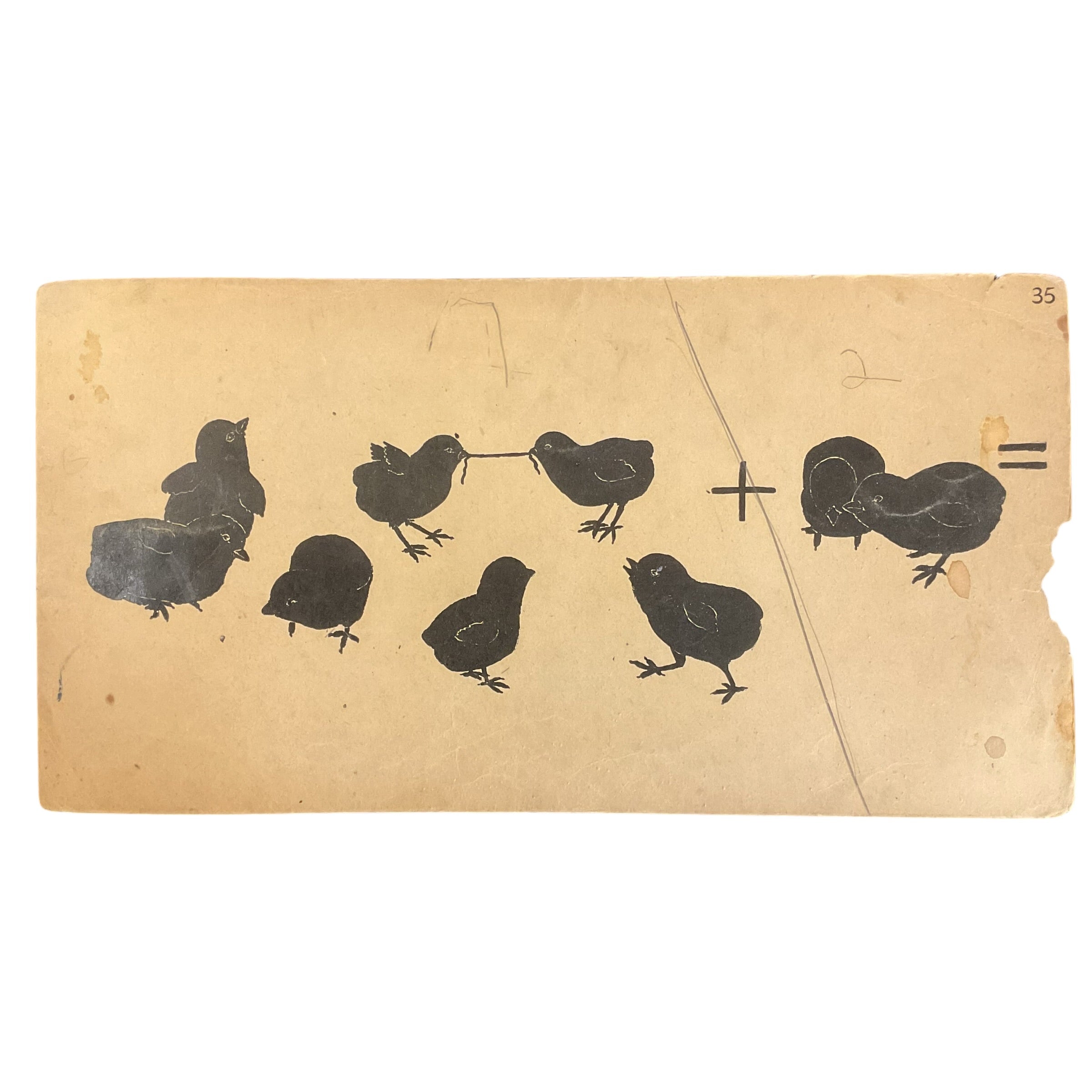 Large Vintage Animal Addition Flash Card Silhouette Baby Chicks 1910s Classroom - Avid Vintage