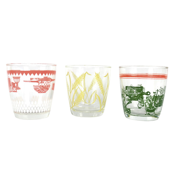Vintage Kitsch 8 Oz Glass Tumblers Set of 3 Pink Kitchen Green Food Yellow Wheat