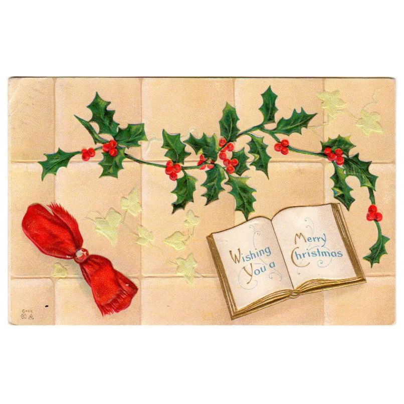Vintage 1910s Christmas Postcard Open Book Red Bow Holly with Berries and English Ivy - Avid Vintage