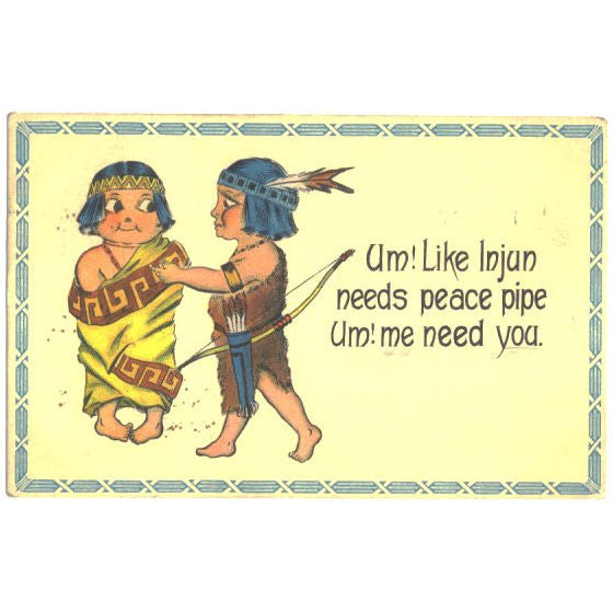 Vintage Indian Boy and Girl Valentine Postcard Boy with Quiver Arrows and Bow - Avid Vintage
