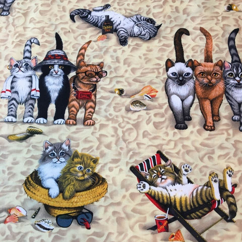 Novelty Cotton Fabric Cats on the Beach Kittens Sand Seashells 44 x 1 3/4 Yards Material