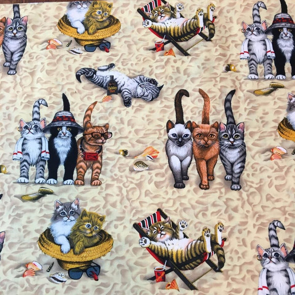 Novelty Cotton Fabric Cats on the Beach Kittens Sand Seashells 44 x 1 3/4 Yards Material