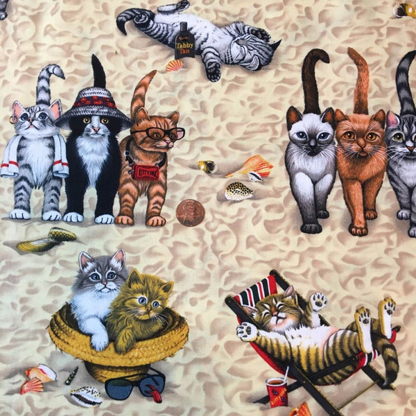 Novelty Cotton Fabric Cats on the Beach Kittens Sand Seashells 44 x 1 3/4 Yards Material