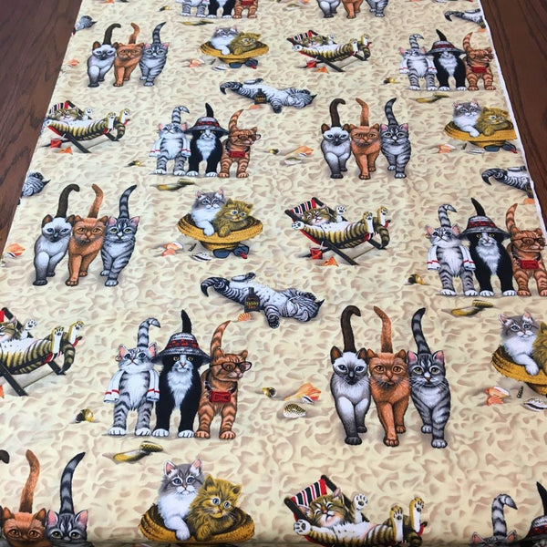 Novelty Cotton Fabric Cats on the Beach Kittens Sand Seashells 44 x 1 3/4 Yards Material