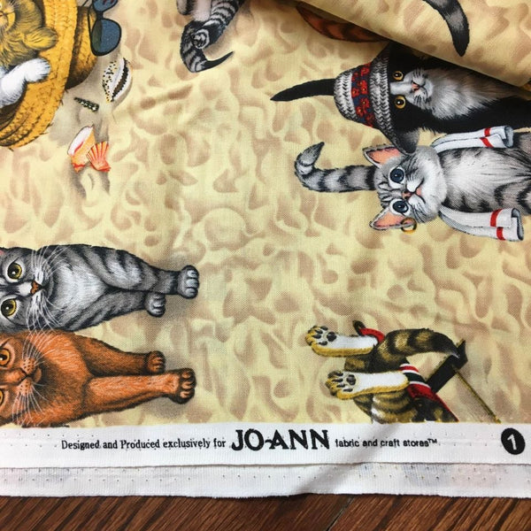 Novelty Cotton Fabric Cats on the Beach Kittens Sand Seashells 44 x 1 3/4 Yards Material