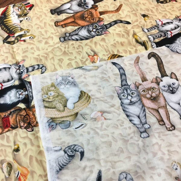 Novelty Cotton Fabric Cats on the Beach Kittens Sand Seashells 44 x 1 3/4 Yards Material