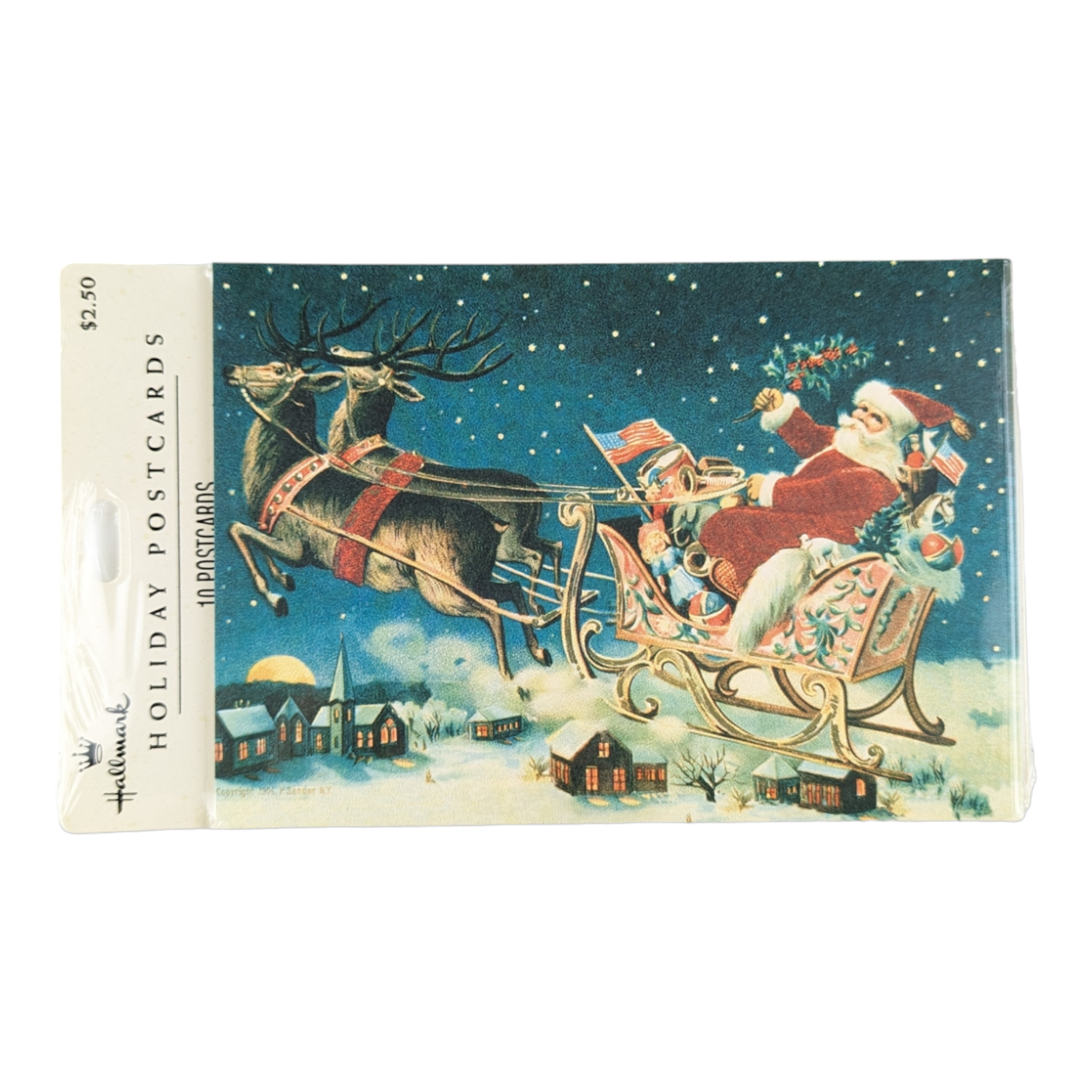 Hallmark Christmas Holiday Postcards Patriotic Santa in Sleigh 10 Cards