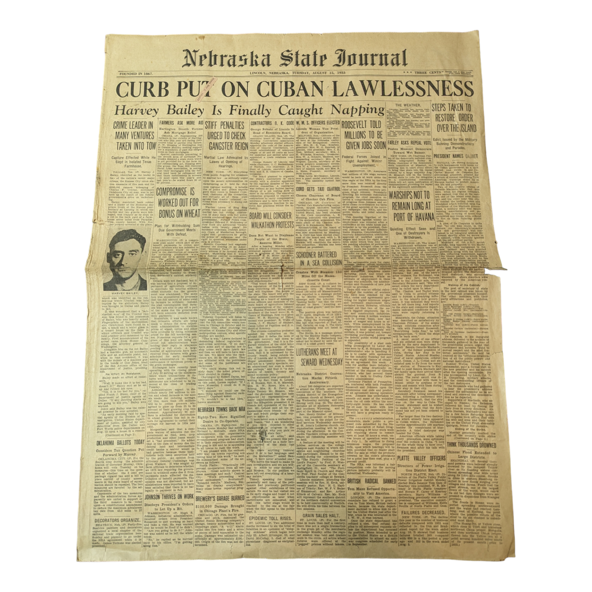 August 15, 1933 Vintage Newspaper Nebraska State Journal - Avid Vintage