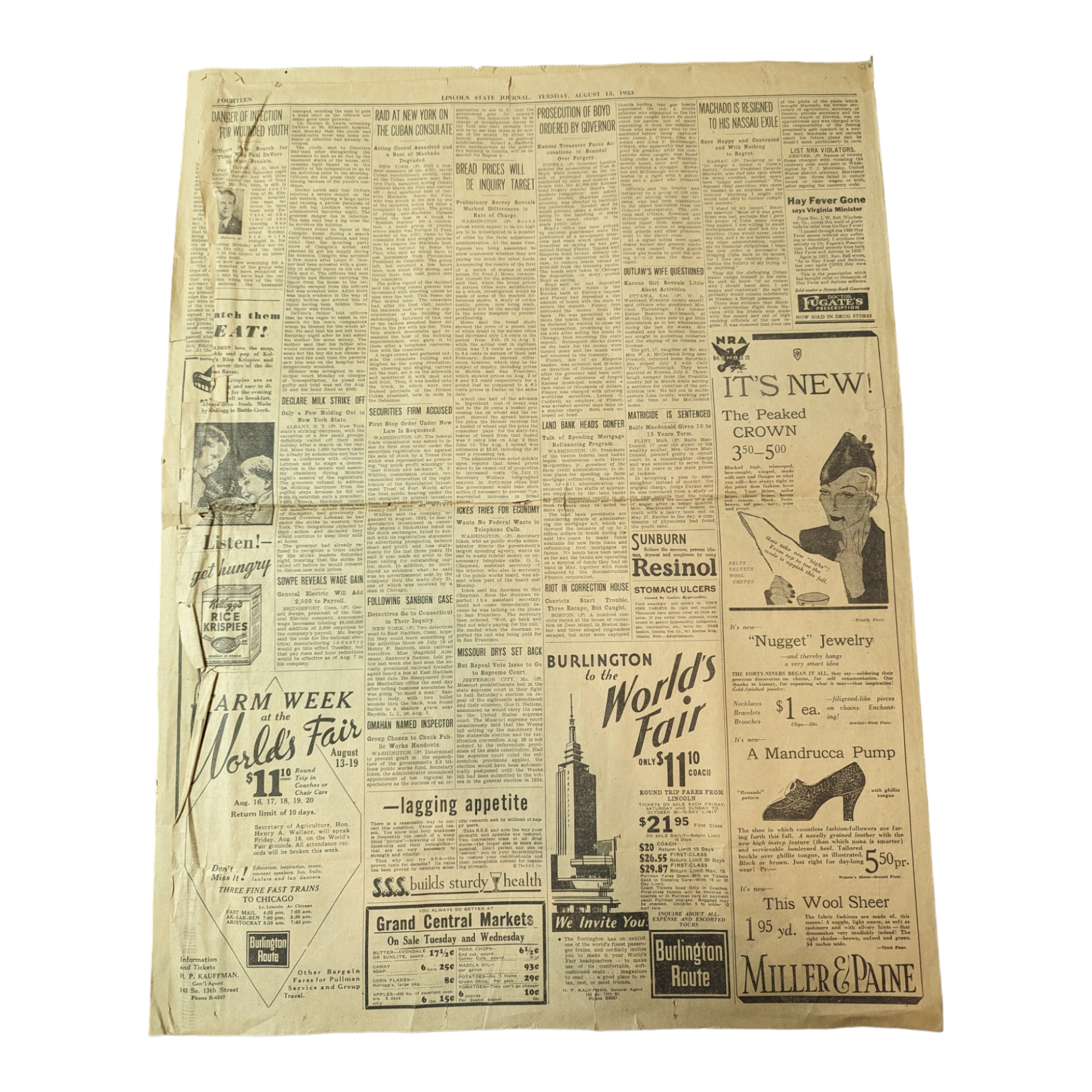 August 15, 1933 Vintage Newspaper Nebraska State Journal - Avid Vintage