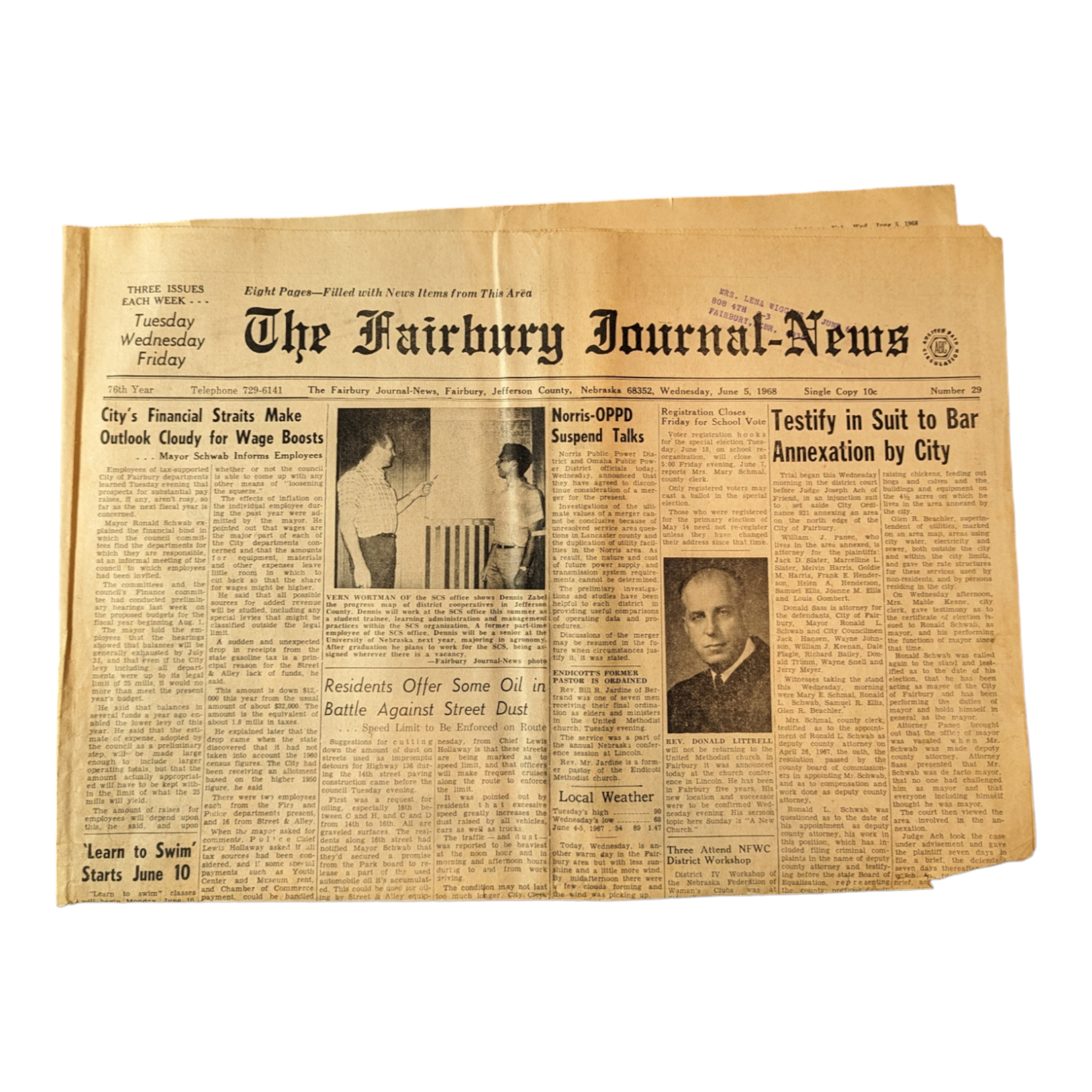 Vintage Fairbury Nebraska Newspaper June 5, 1968