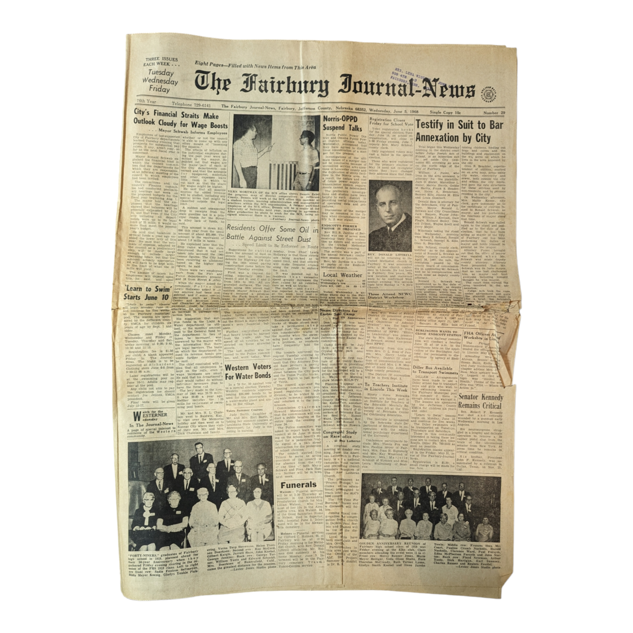 Vintage Fairbury Nebraska Newspaper June 5, 1968