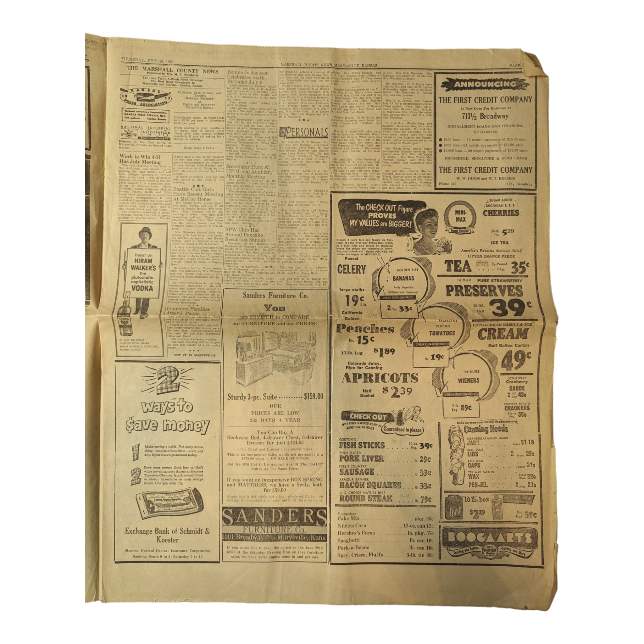Vintage Marshall County Kansas Marysville Newspaper July 18, 1957