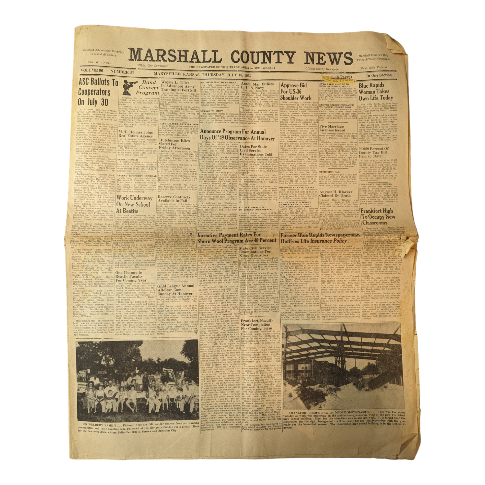 Vintage Marshall County Kansas Marysville Newspaper July 18, 1957